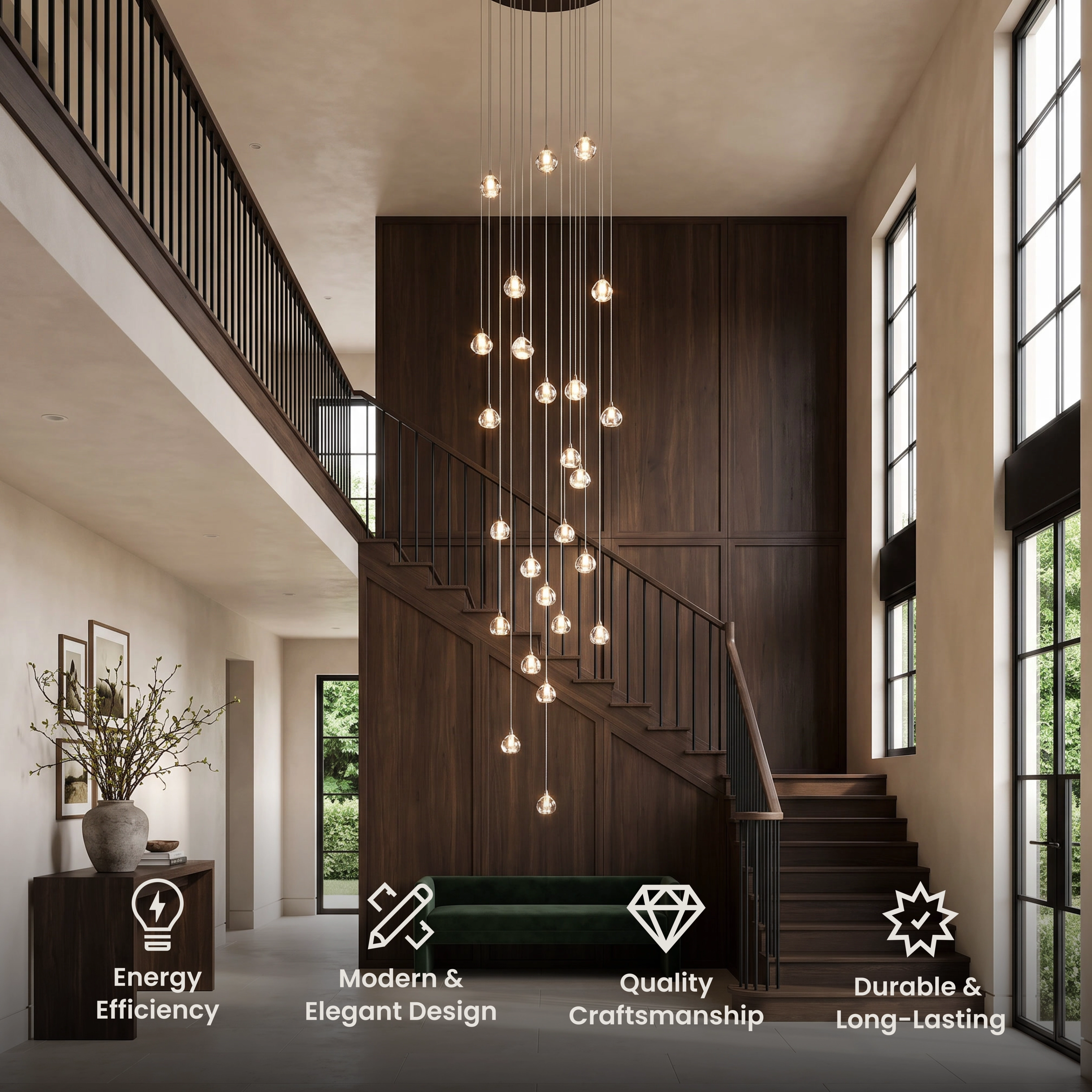 Sage vertical cascade of crystal ball pendants above a dark staircase