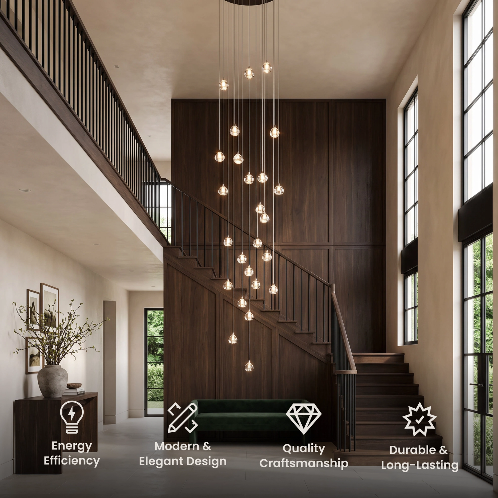 Sage vertical cascade of crystal ball pendants above a dark staircase