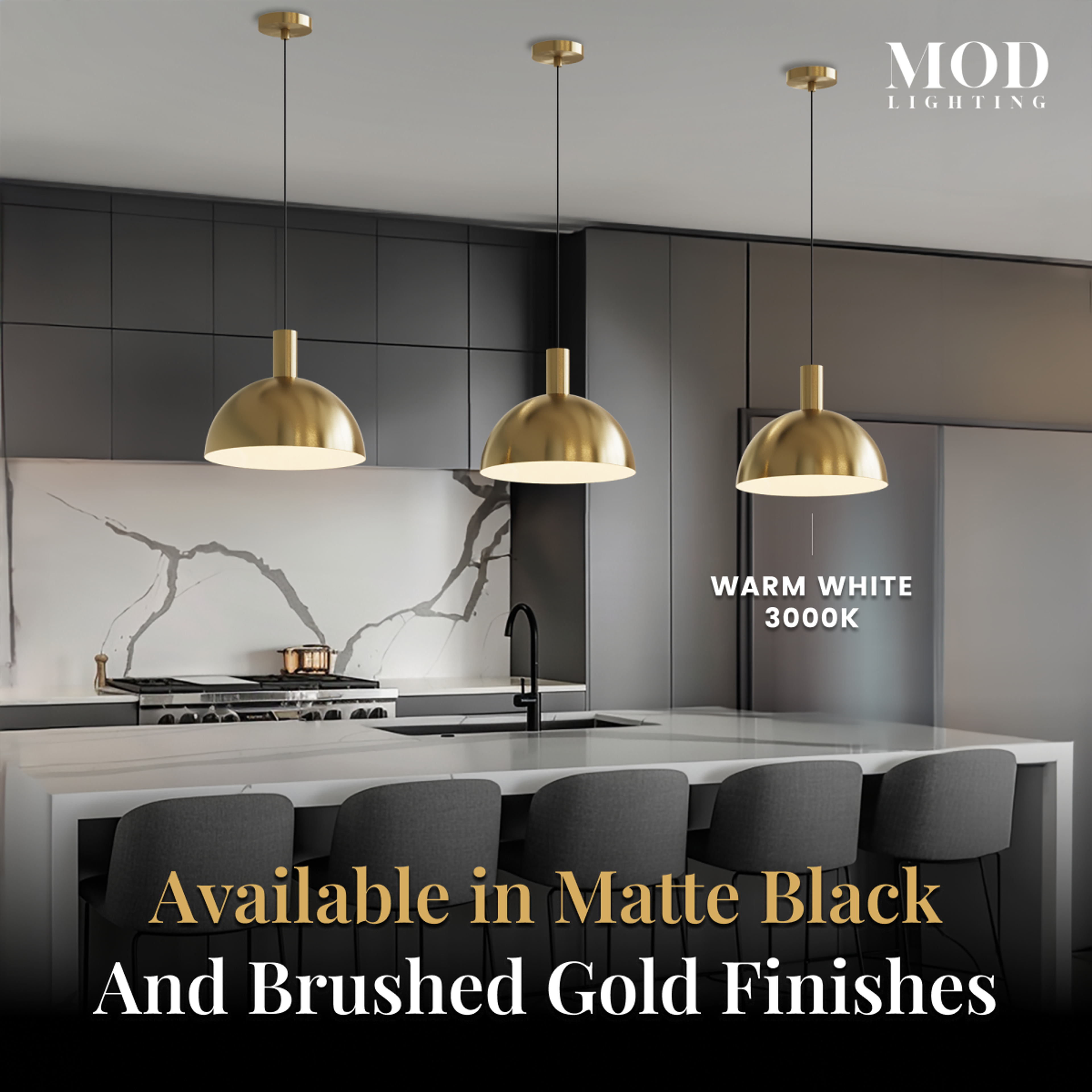 Kinsley gold dome pendants over a kitchen island, labeled available in matte black and brushed gold