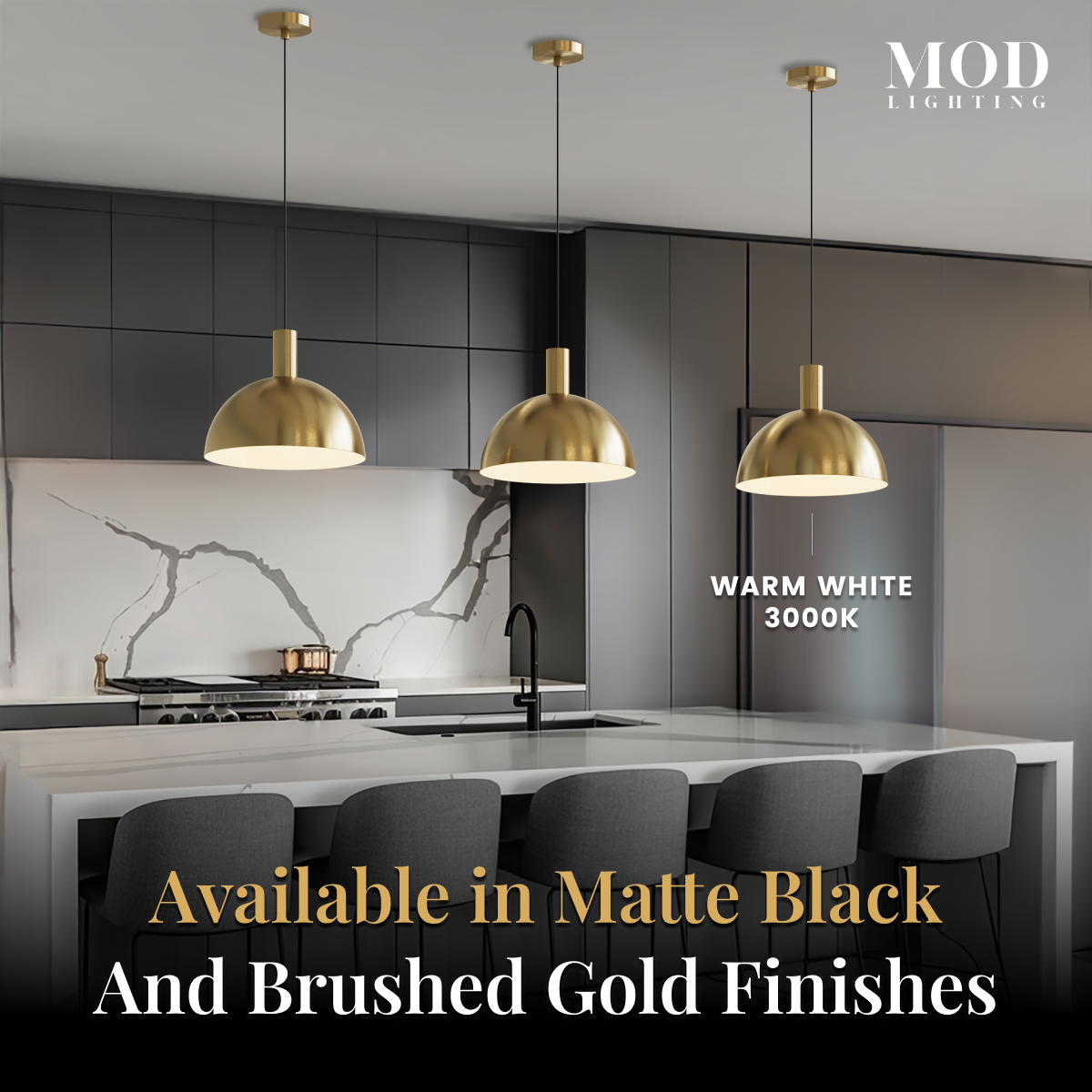 Kinsley gold dome pendants over a kitchen island, labeled available in matte black and brushed gold