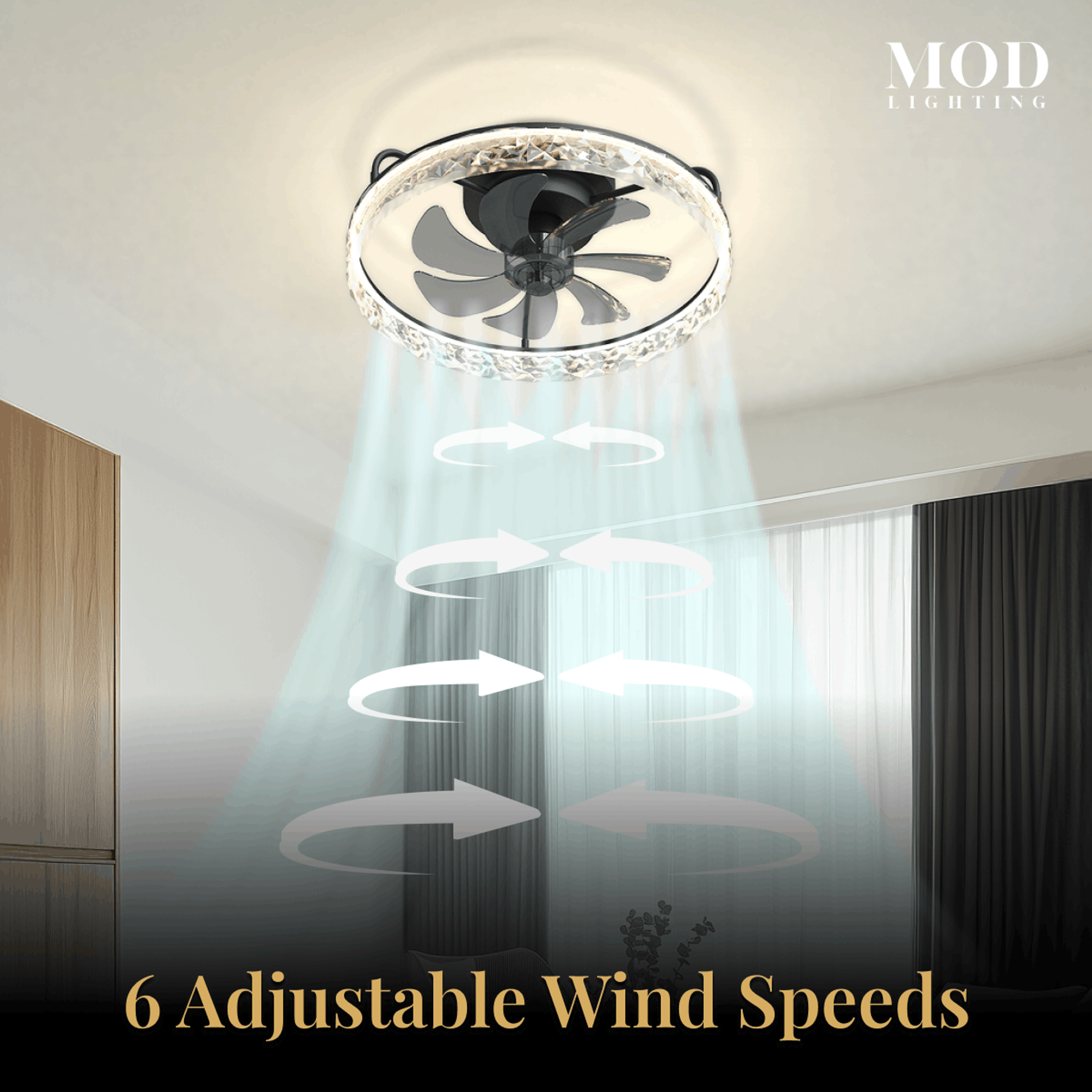 Ventara crystal-ring ceiling fan light with airflow arrows, highlighting 6 adjustable wind speeds