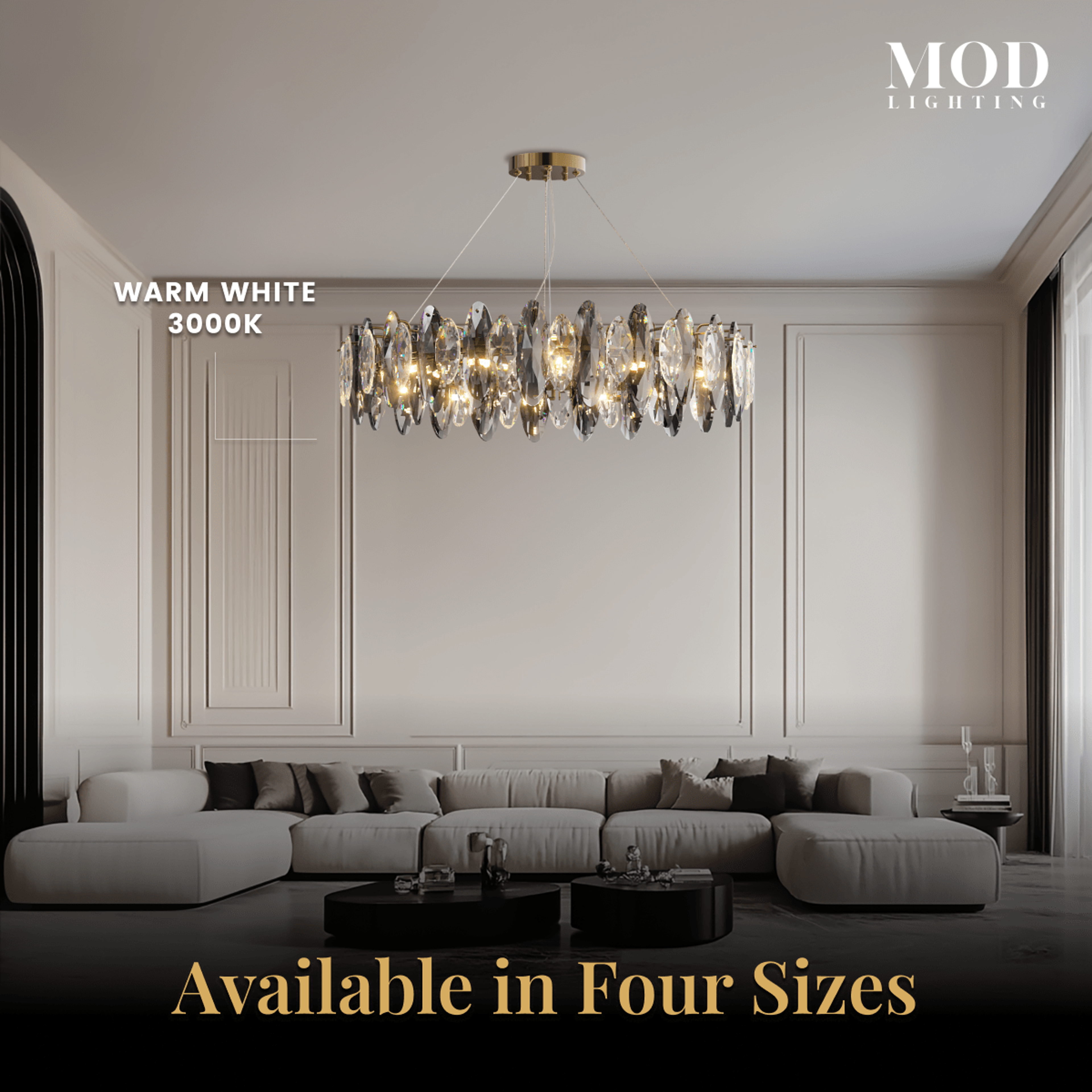 Celestial gold and smoke-crystal chandelier over a sectional sofa, warm white 3000K, four sizes