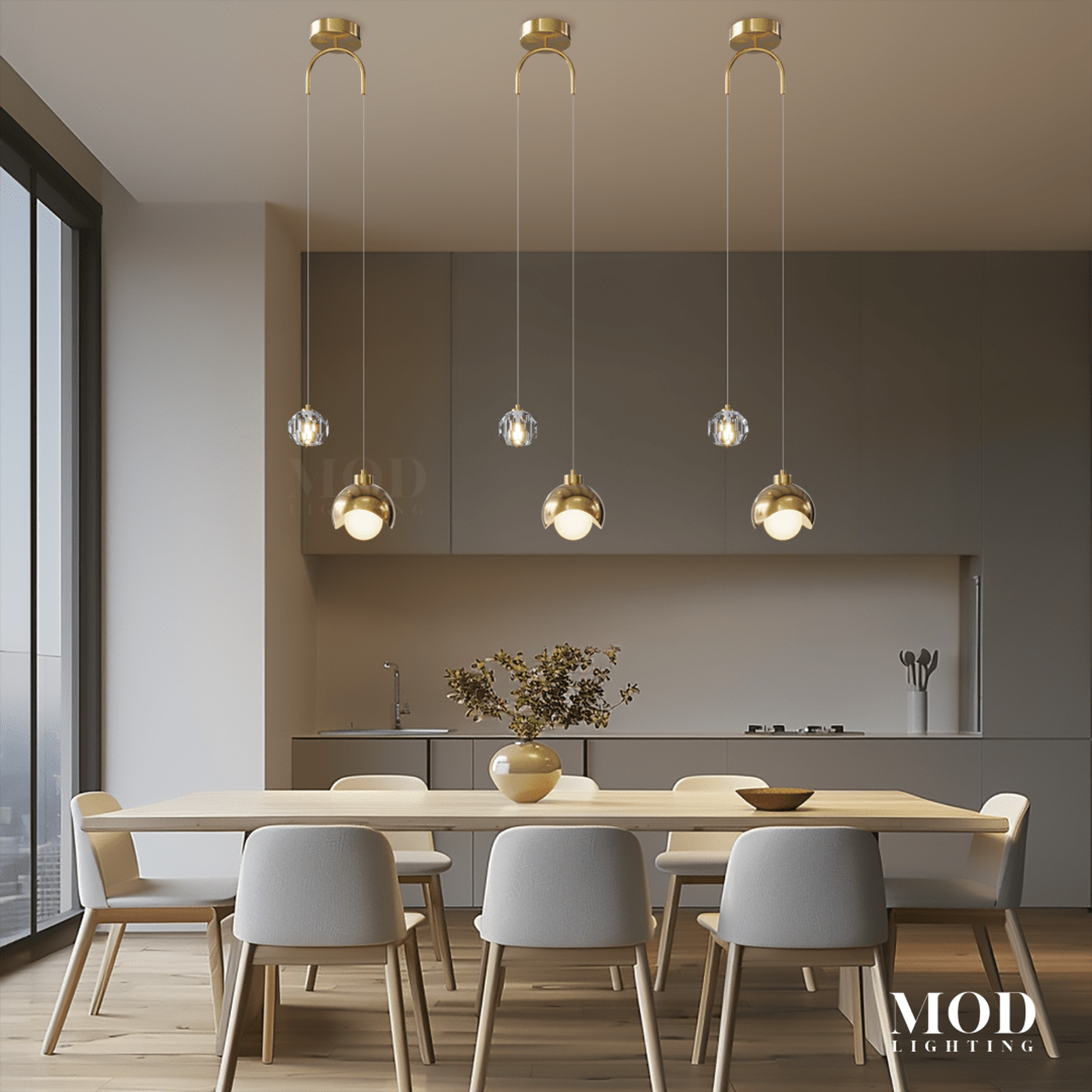 Diana, row of clear glass globe pendants on gold stems over a dining table