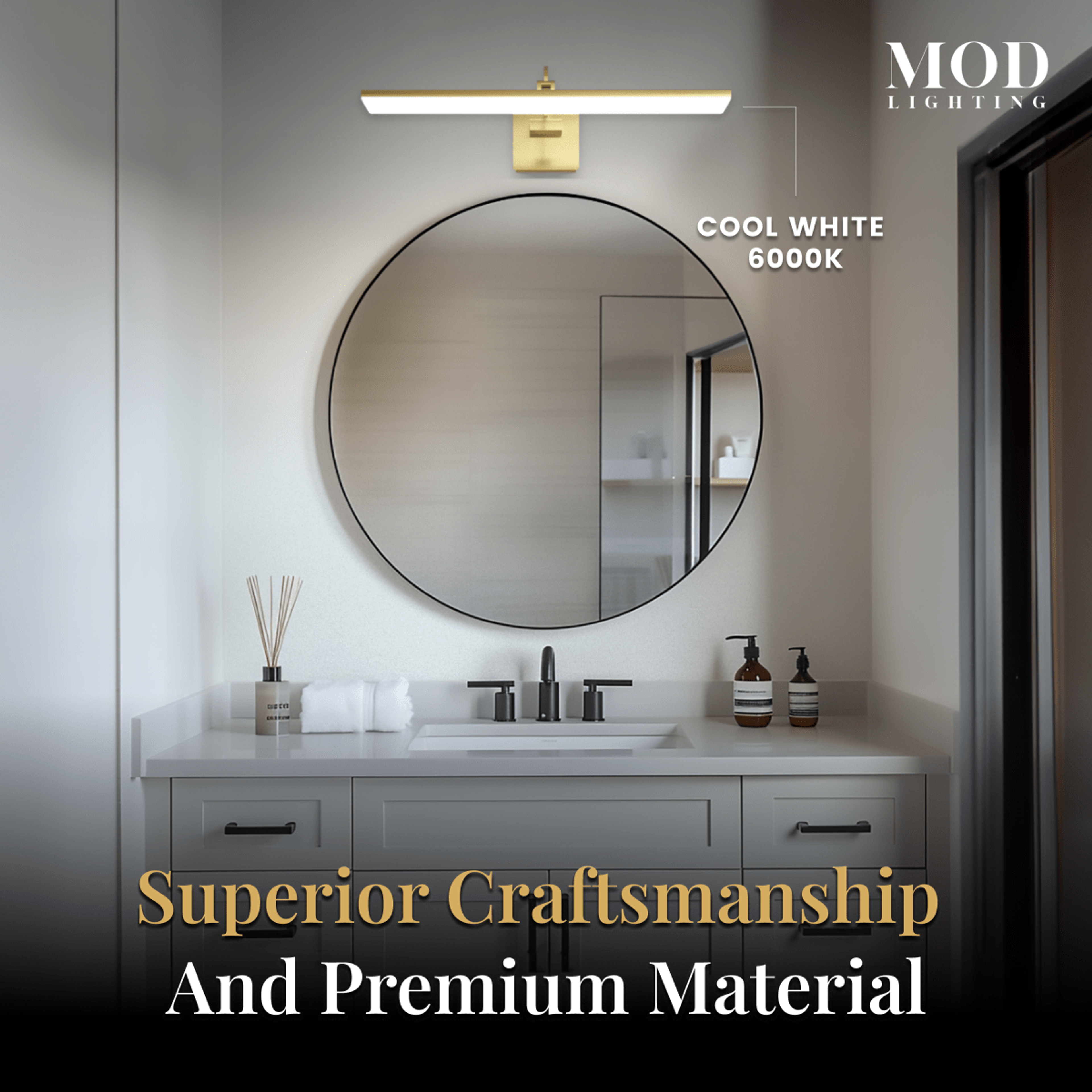 Zena brushed-gold LED bar light over a round mirror and white vanity, labeled cool white 6000K