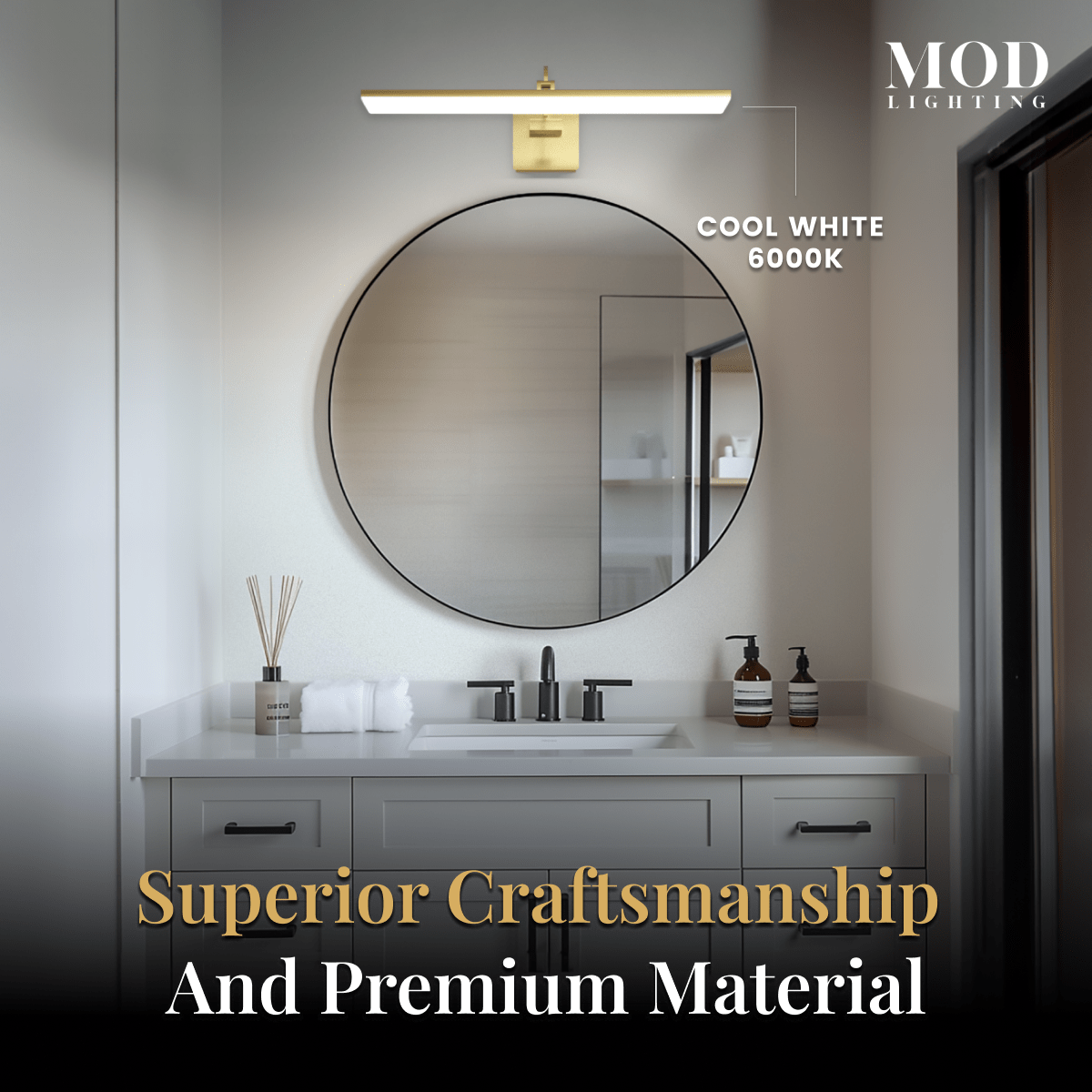 Zena brushed-gold LED bar light over a round mirror and white vanity, labeled cool white 6000K
