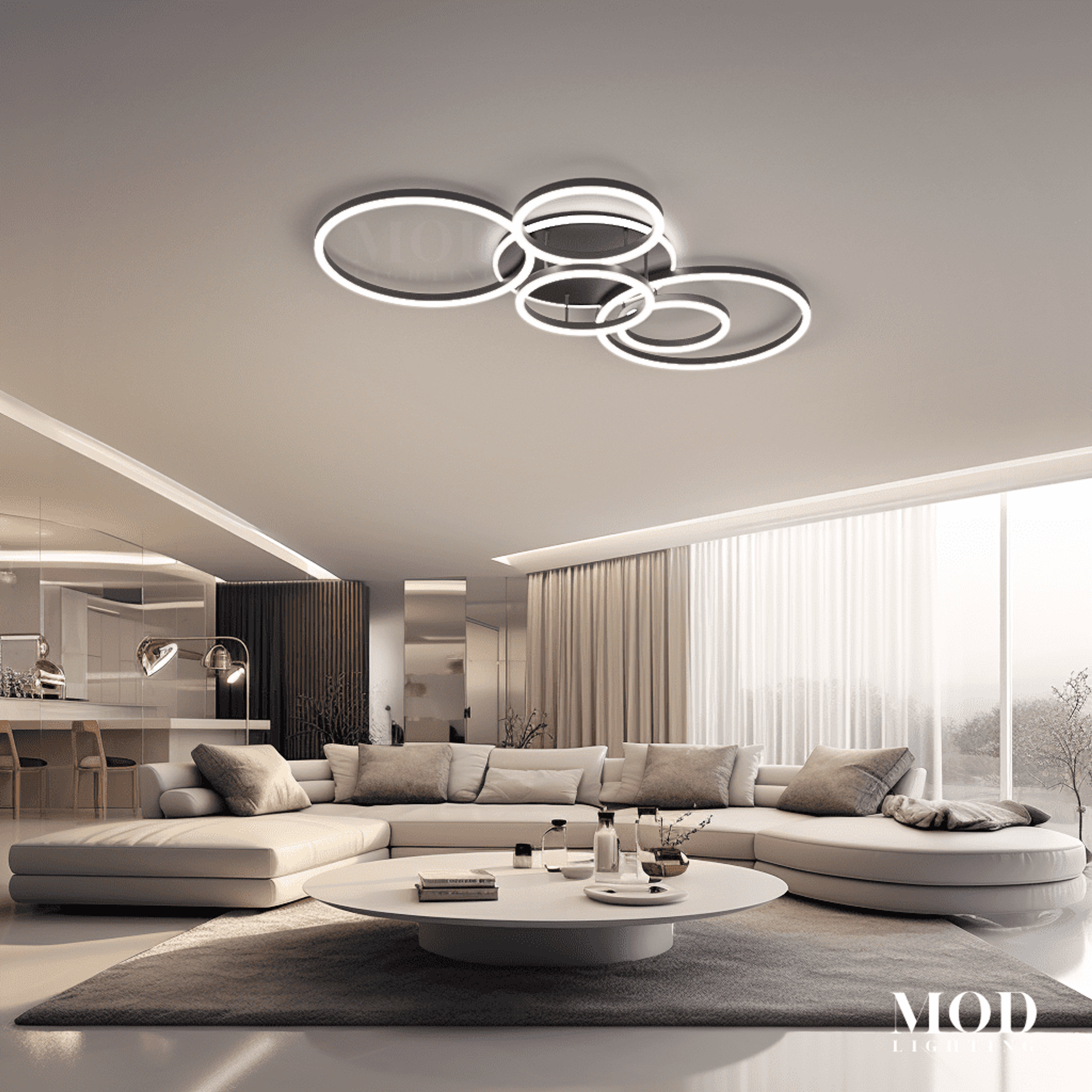 Chloe white interlocking-ring LED ceiling light over a sofa in a bright open living room
