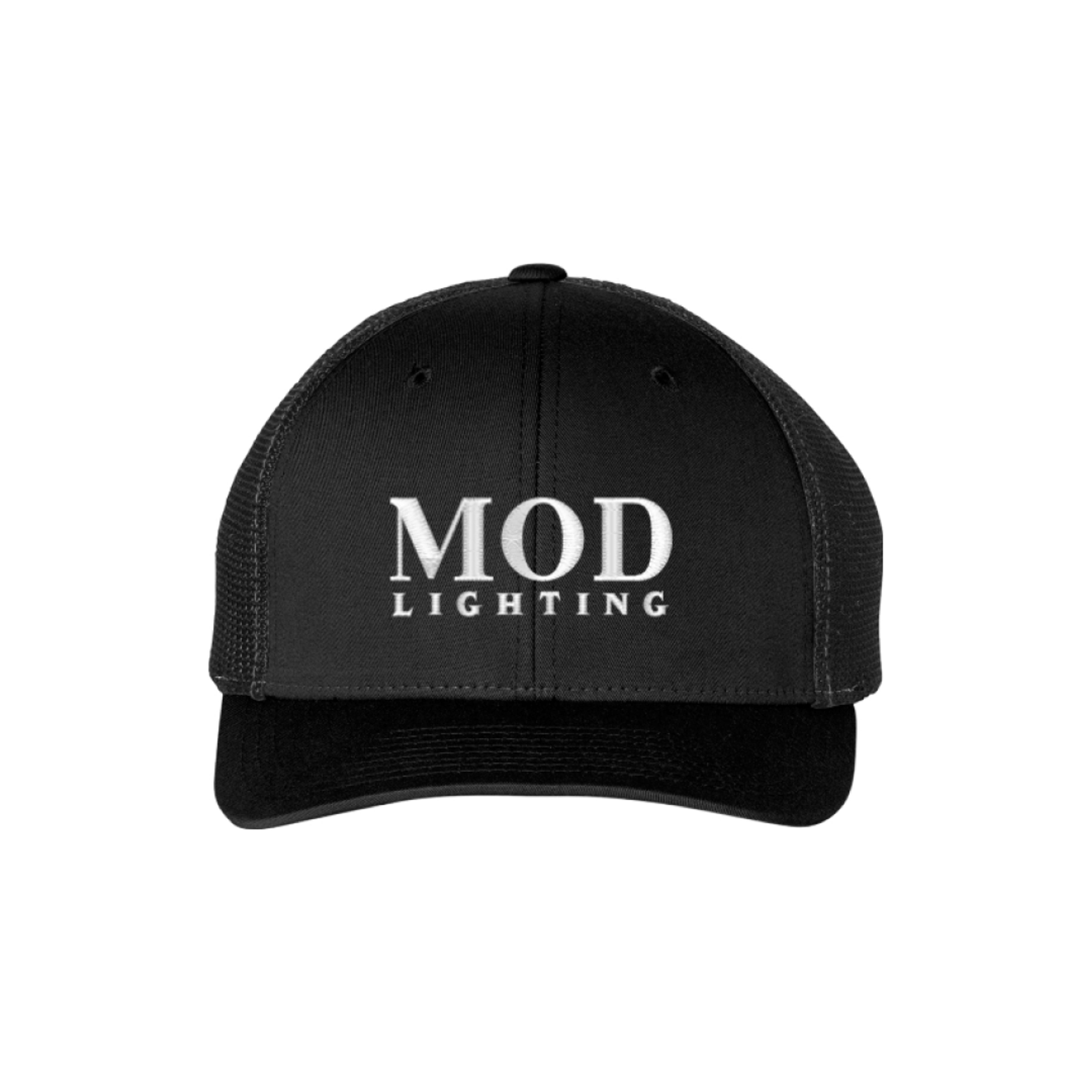 MOD LIGHTING black mesh-back trucker cap with embroidered white logo