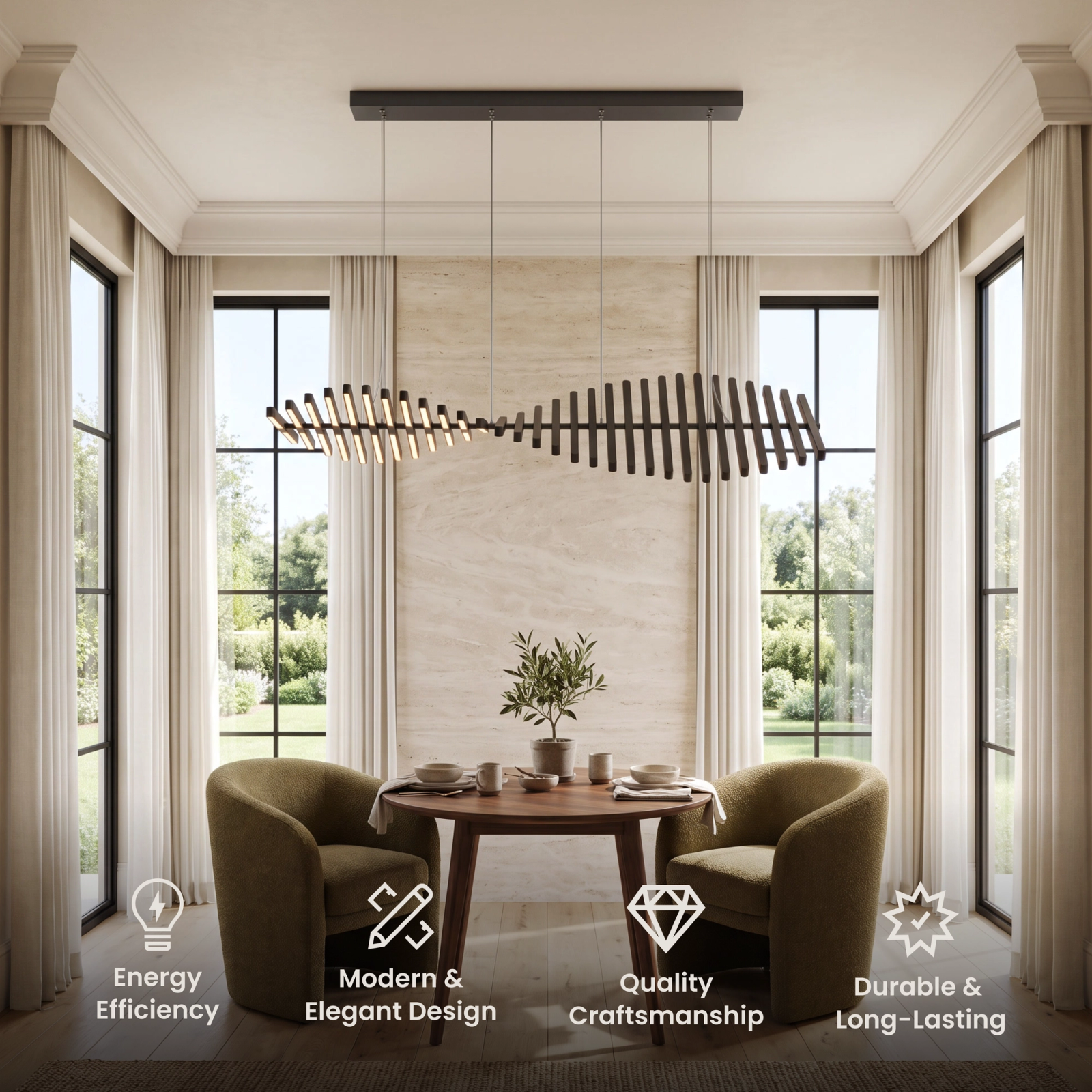 Sylas black stacked light-bar pendants, two feather-like fixtures with angled LED slats over a dining table