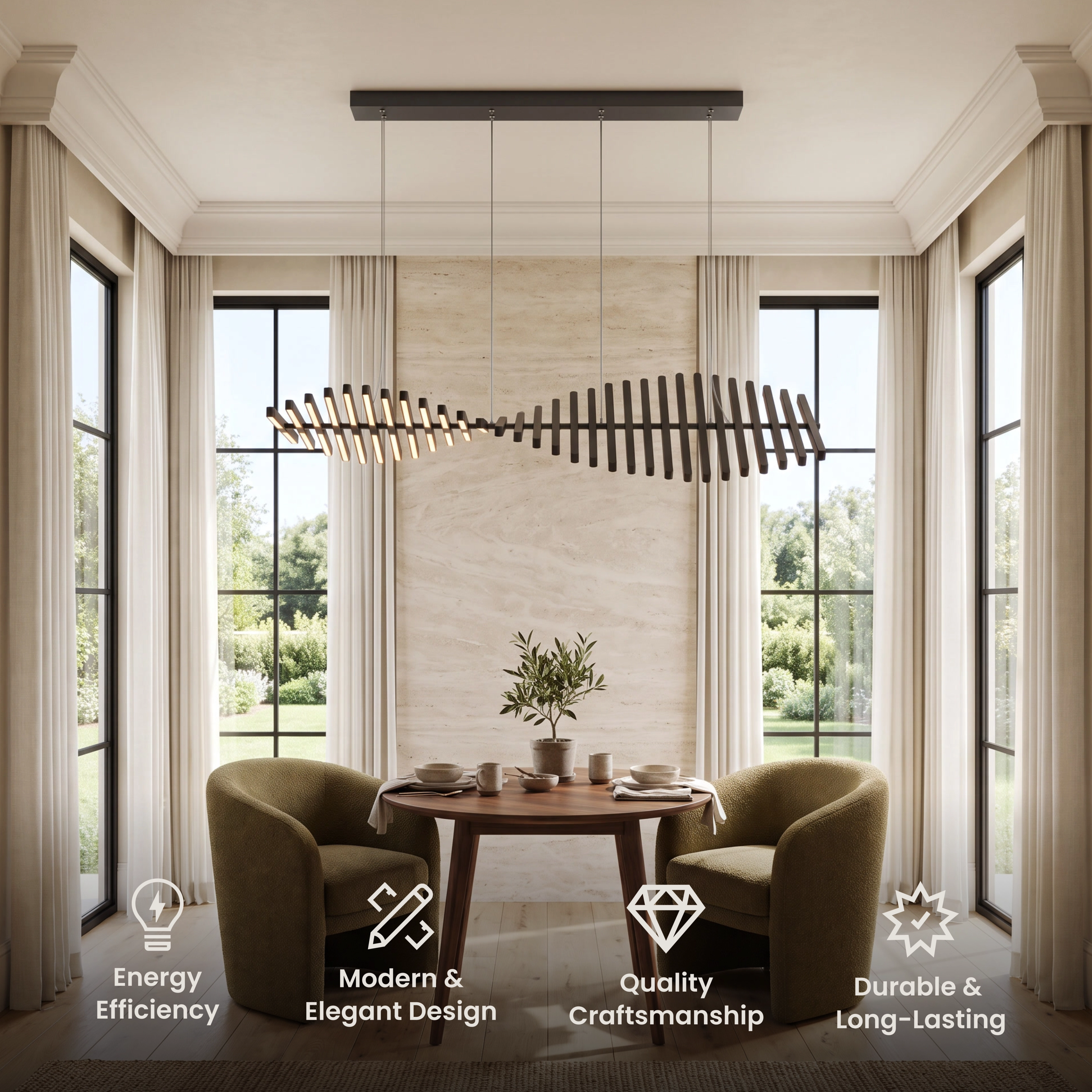 Sylas black stacked light-bar pendants, two feather-like fixtures with angled LED slats over a dining table
