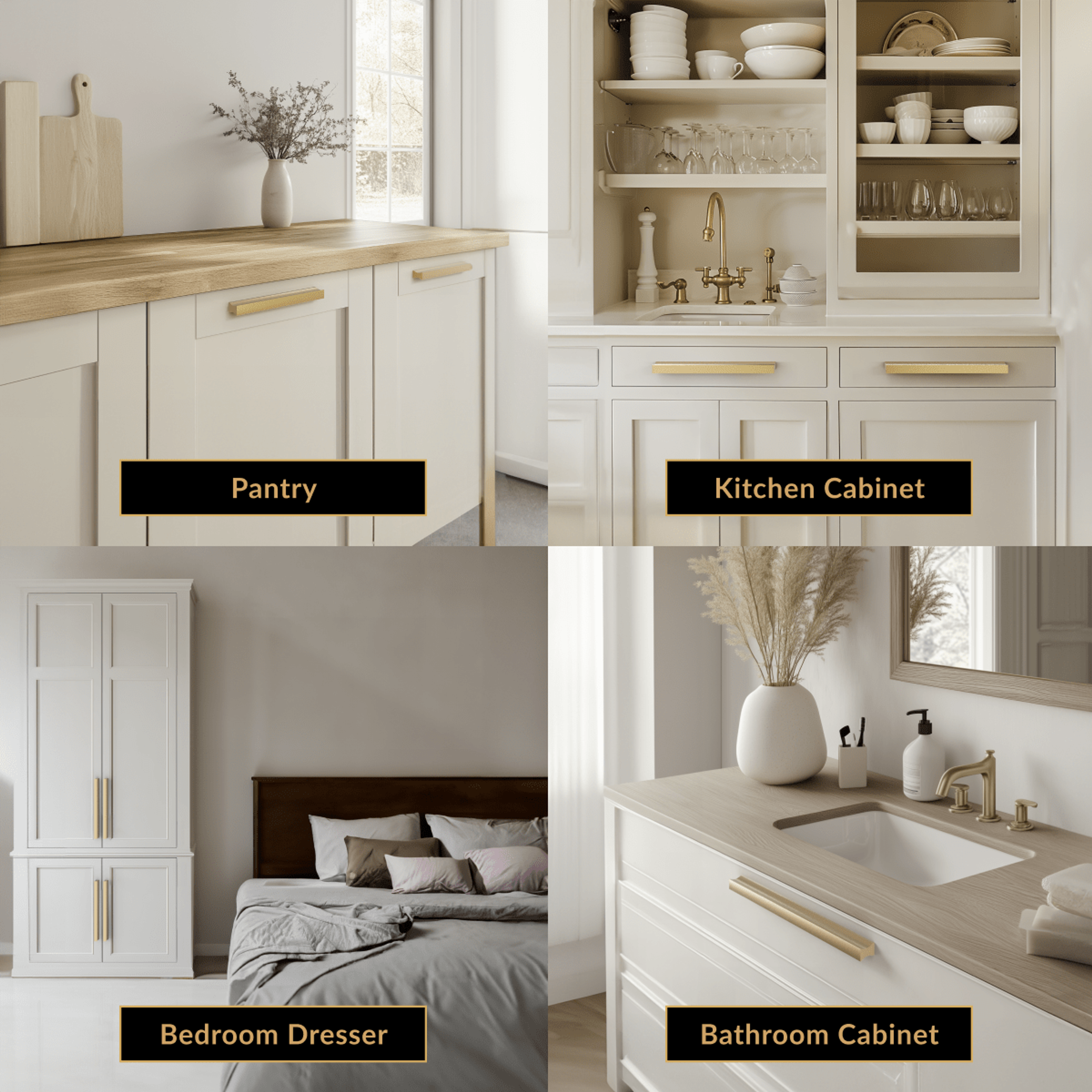 Iris brushed-gold cabinet pull installed on white pantry, kitchen, bedroom dresser and bathroom cabinets in four scenes