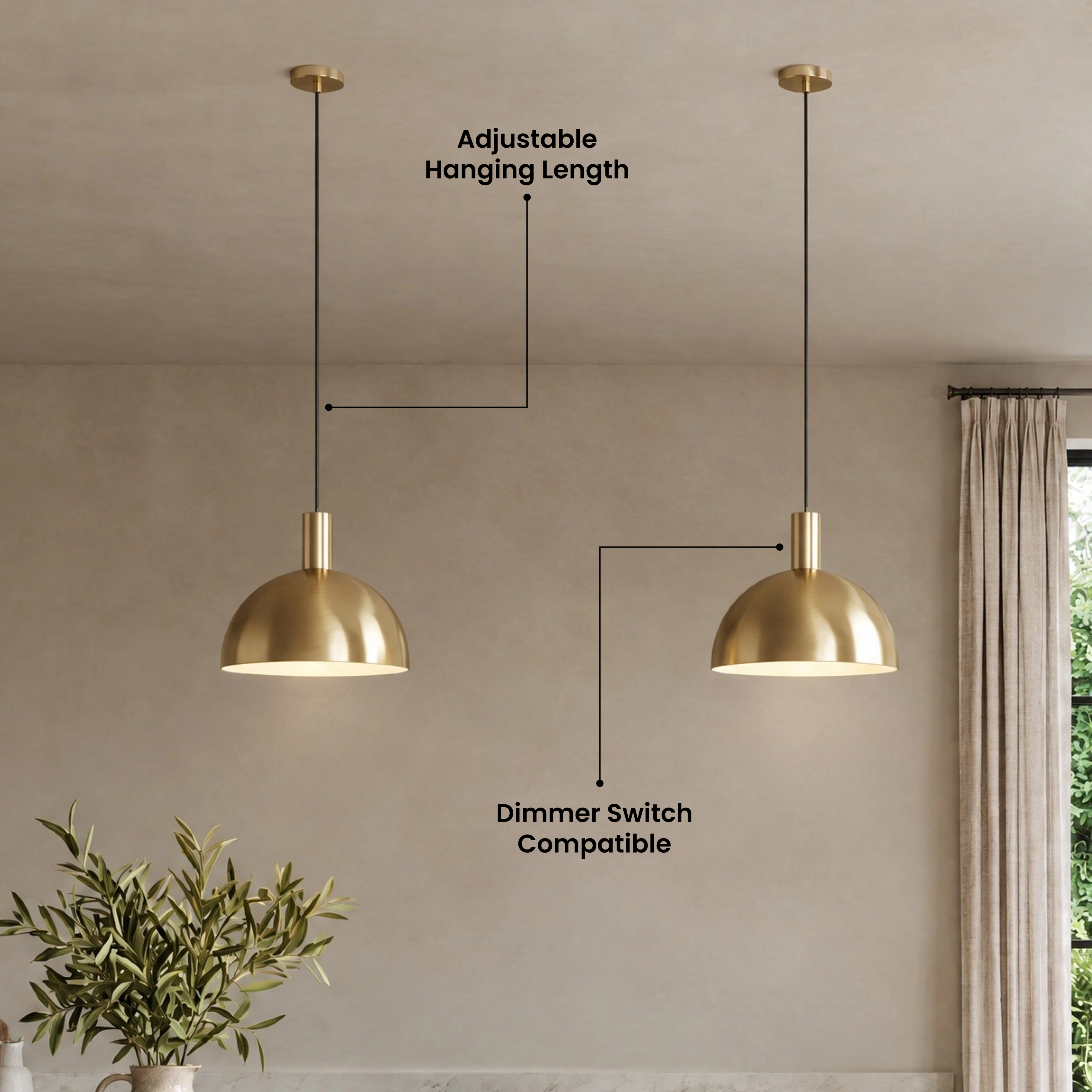 Kinsley black dome pendants in a row over a counter with a five-star customer review overlay