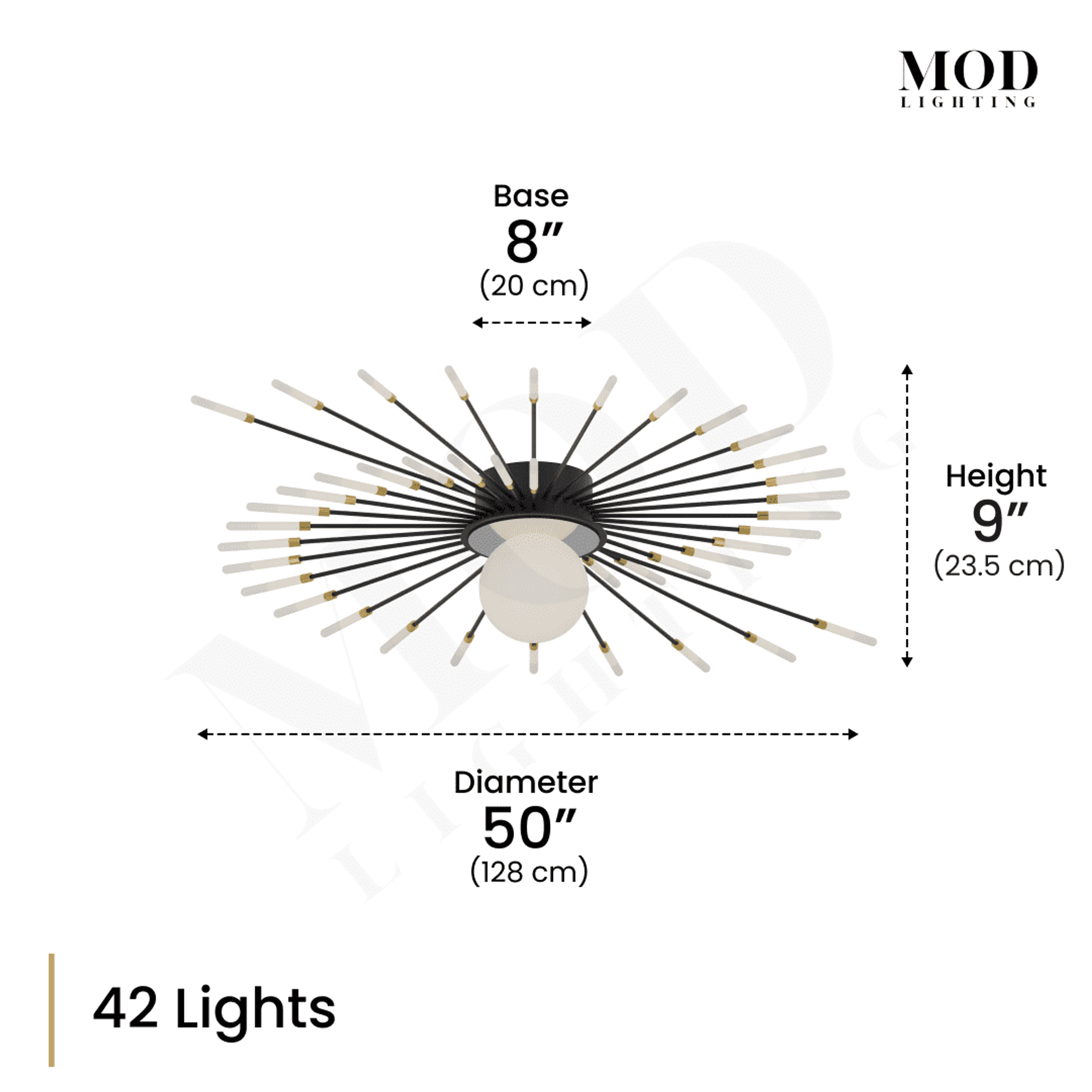 Seashell dimension diagram: 42-light spiral, 50 in (128 cm) diameter, 9 in high, 8 in base