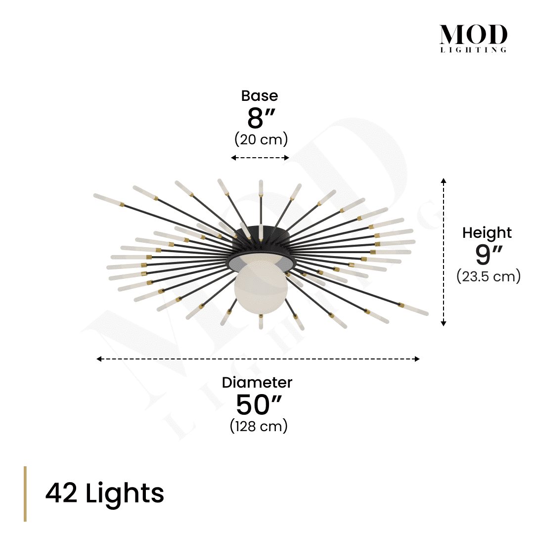 Seashell dimension diagram: 42-light spiral, 50 in (128 cm) diameter, 9 in high, 8 in base