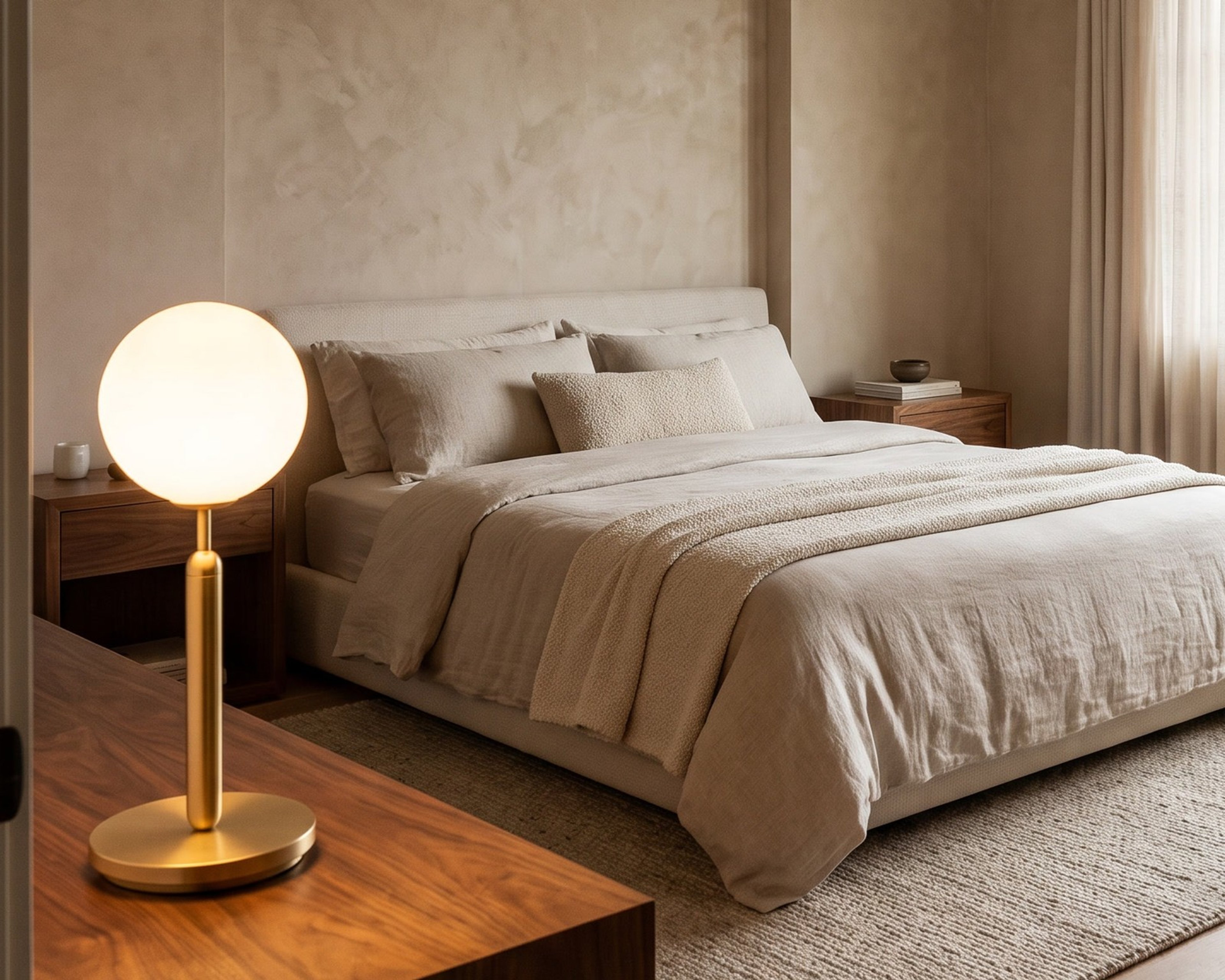 Angelica table lamp, a brass globe lamp, on a nightstand