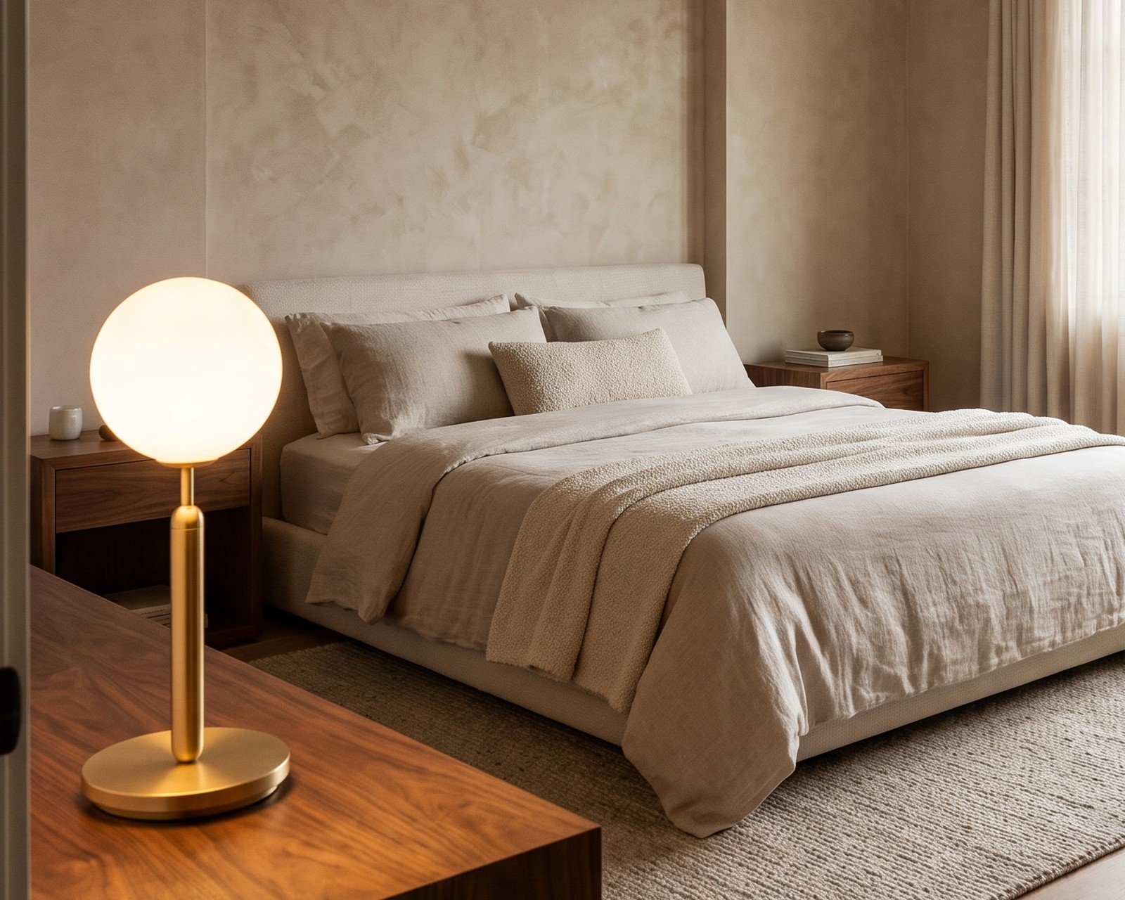 Angelica table lamp, a brass globe lamp, on a nightstand