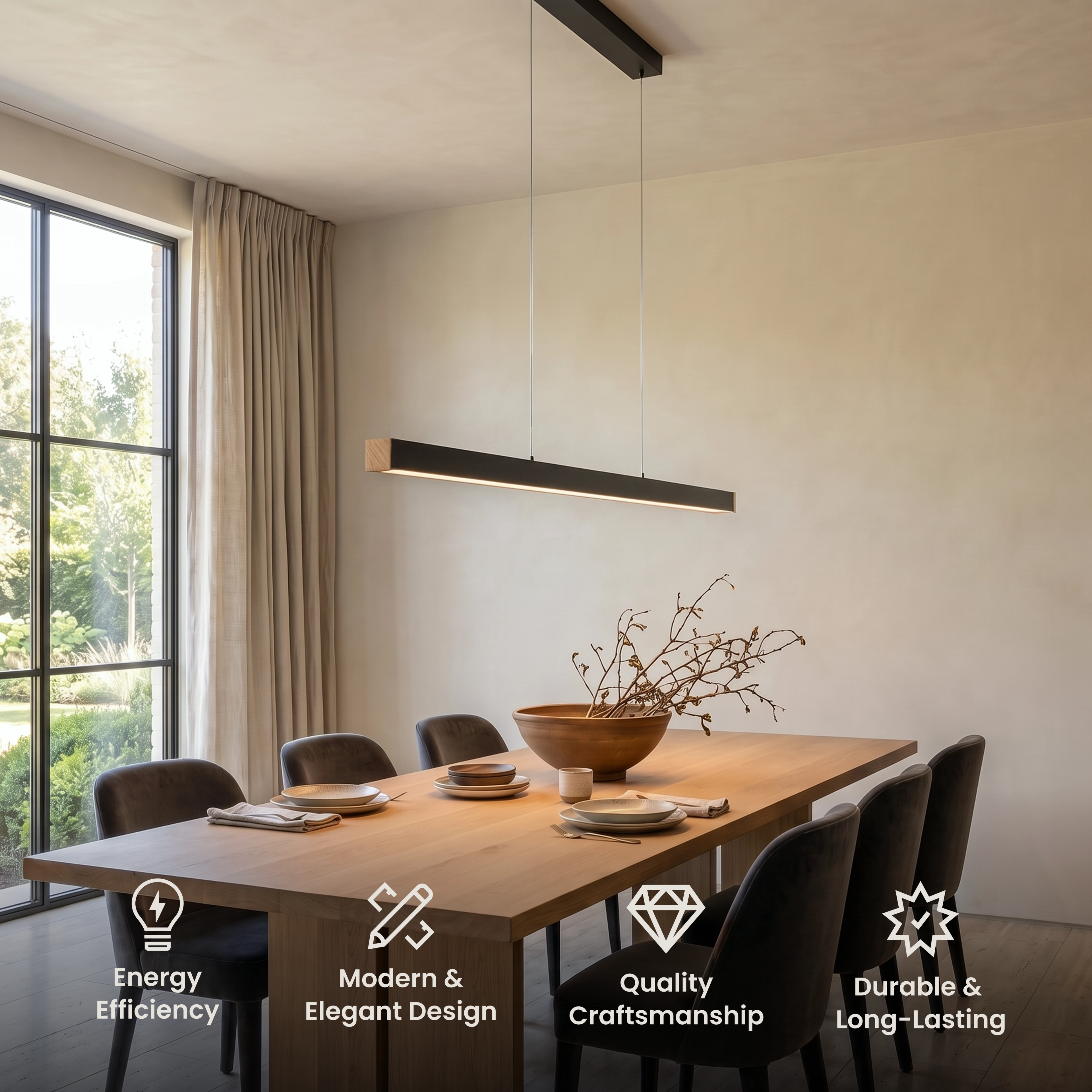 Luka wood-finish LED linear bar pendant suspended low over a kitchen island with black stools