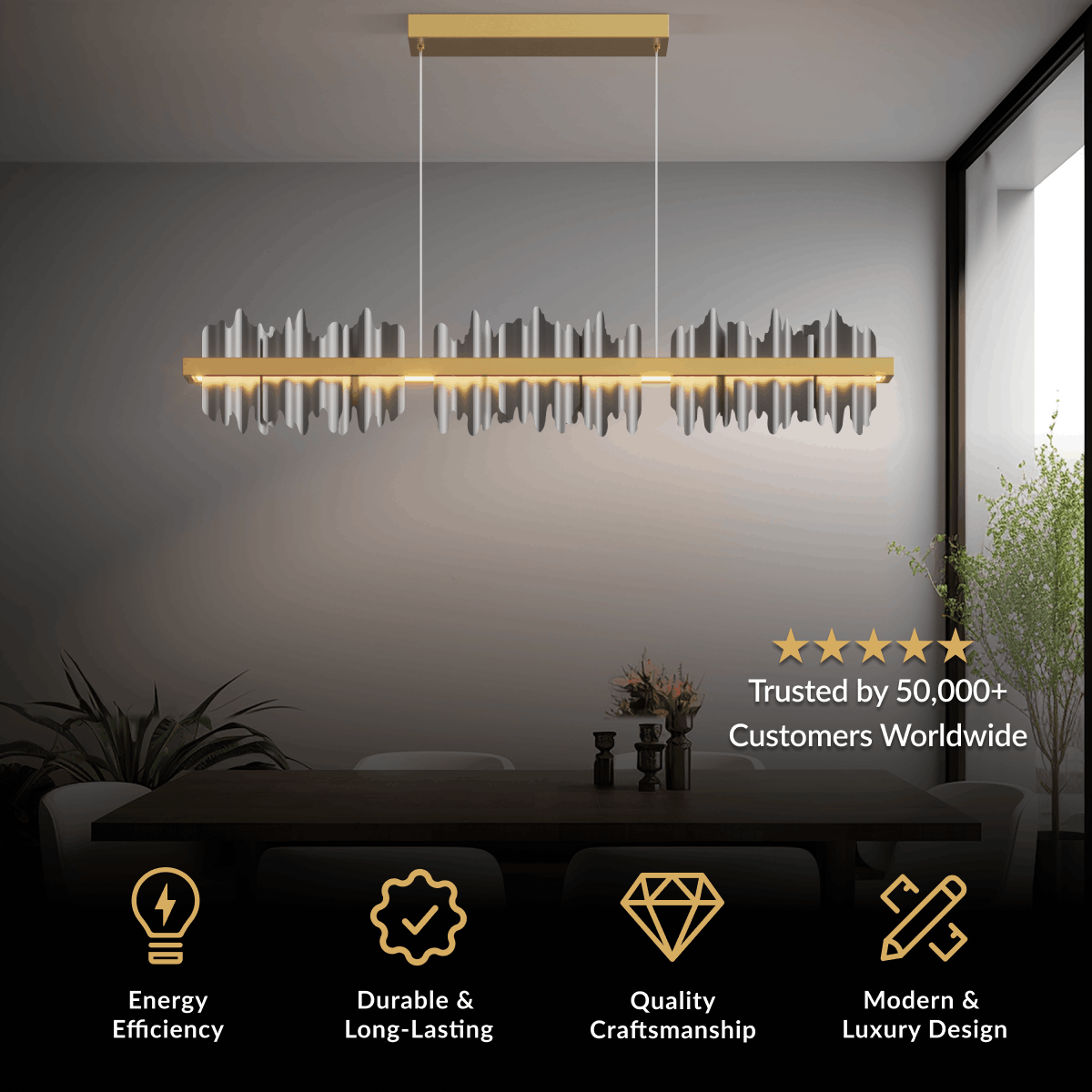 Aurelius long gold and black linear crystal pendant suspended over a dark dining area