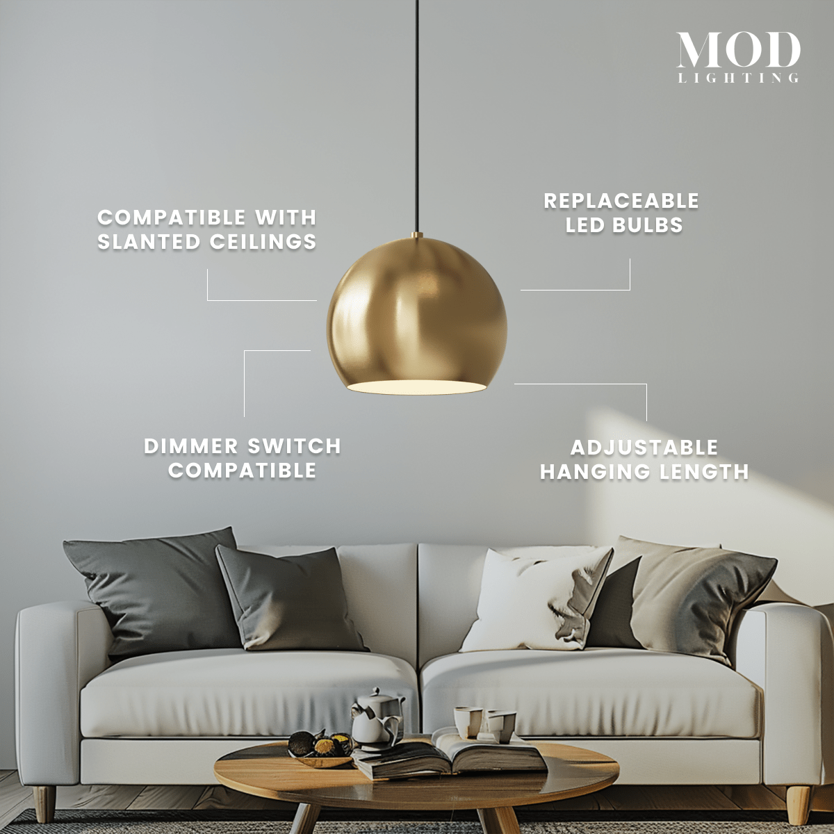 Avery gold sphere pendant with callouts: slanted-ceiling compatible, replaceable LED, dimmable, adjustable
