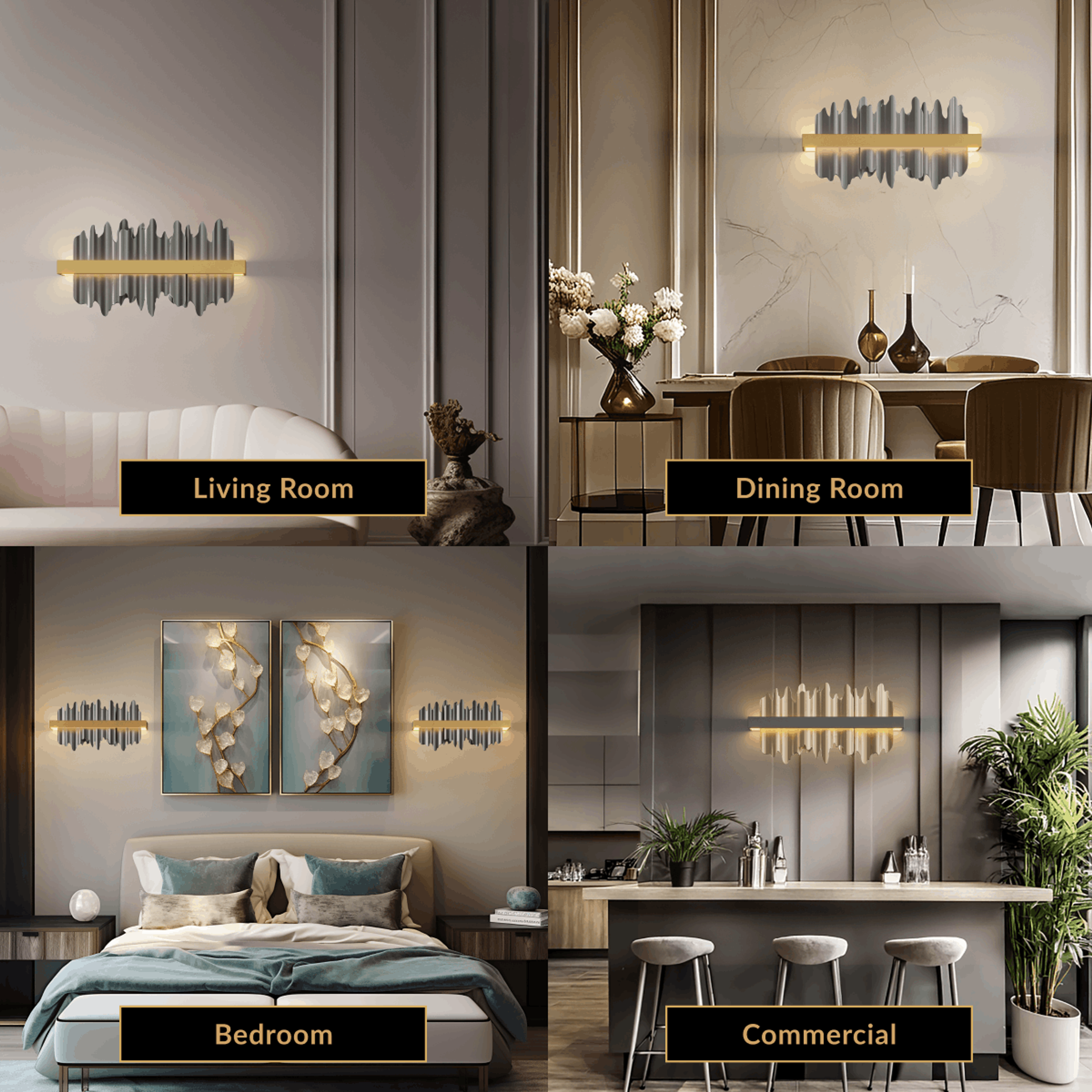Aurelius sconce, vertical gold crystal-fringe wall light shown beside a sofa, bed and console