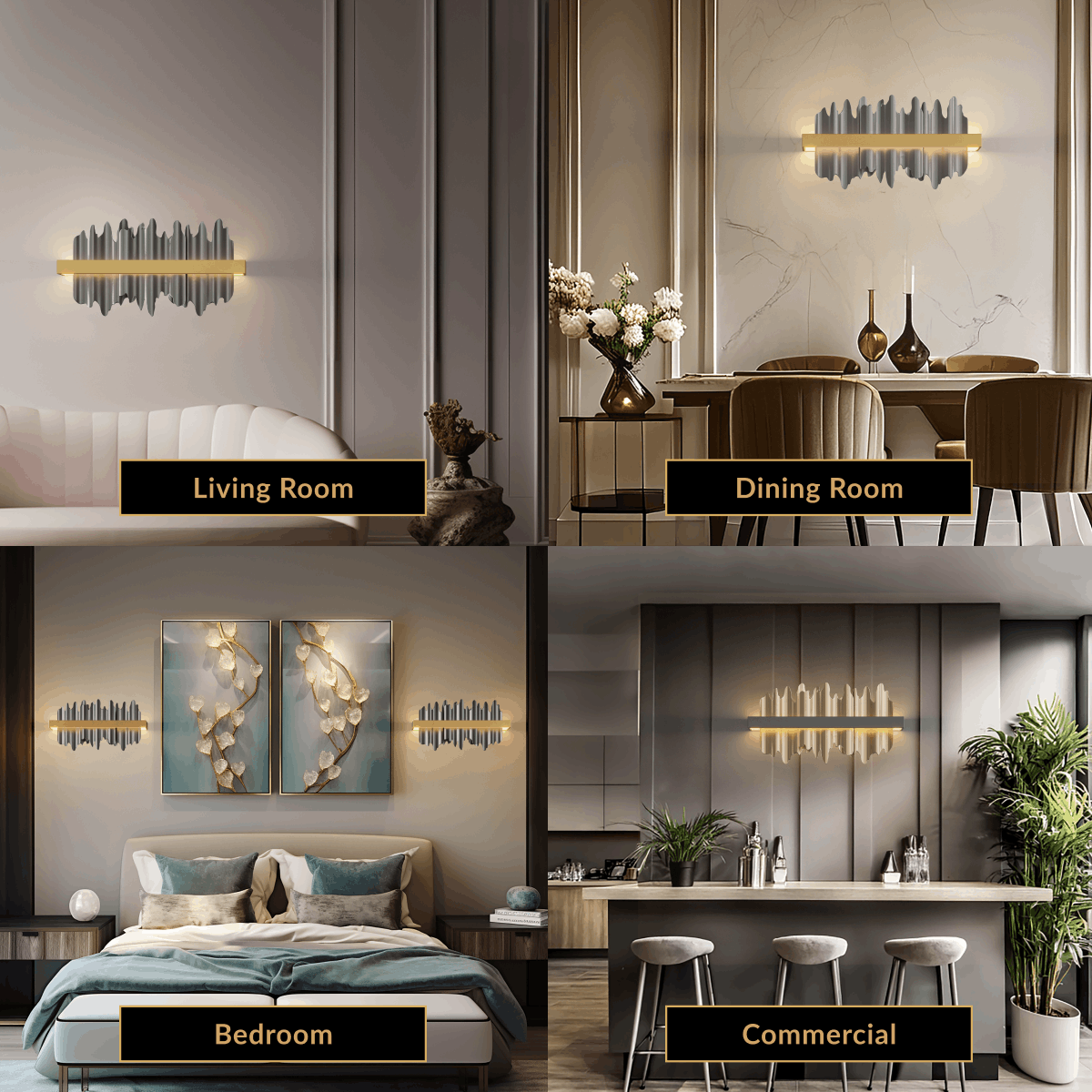 Aurelius sconce, vertical gold crystal-fringe wall light shown beside a sofa, bed and console