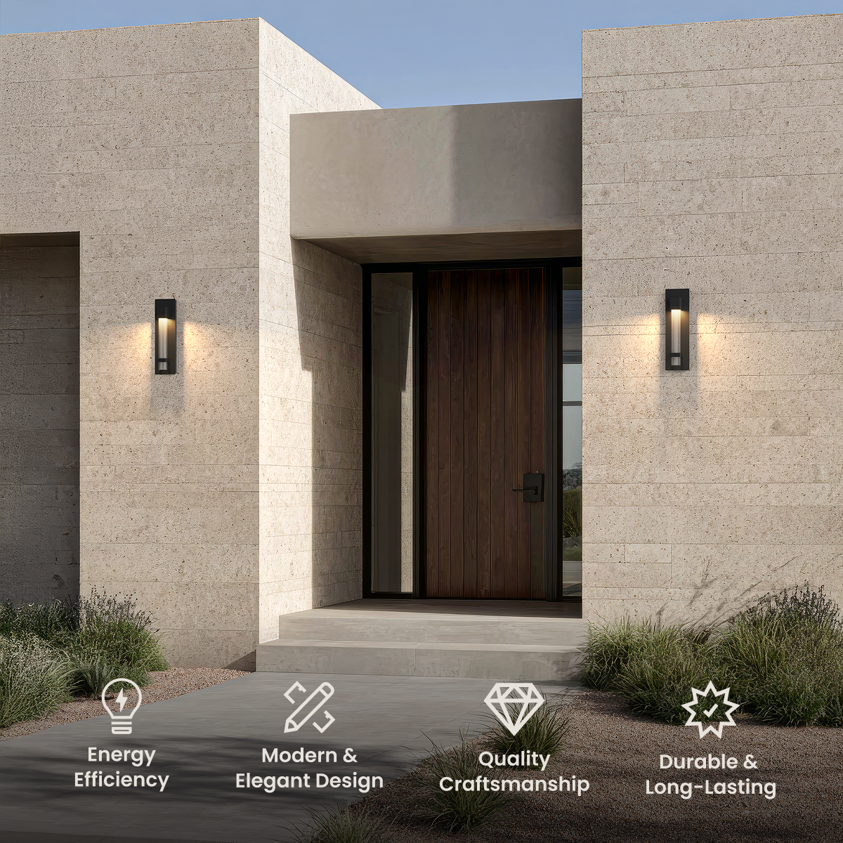 Astra outdoor sconces, vertical black bars with bubble-crystal accents flanking a wood entry door