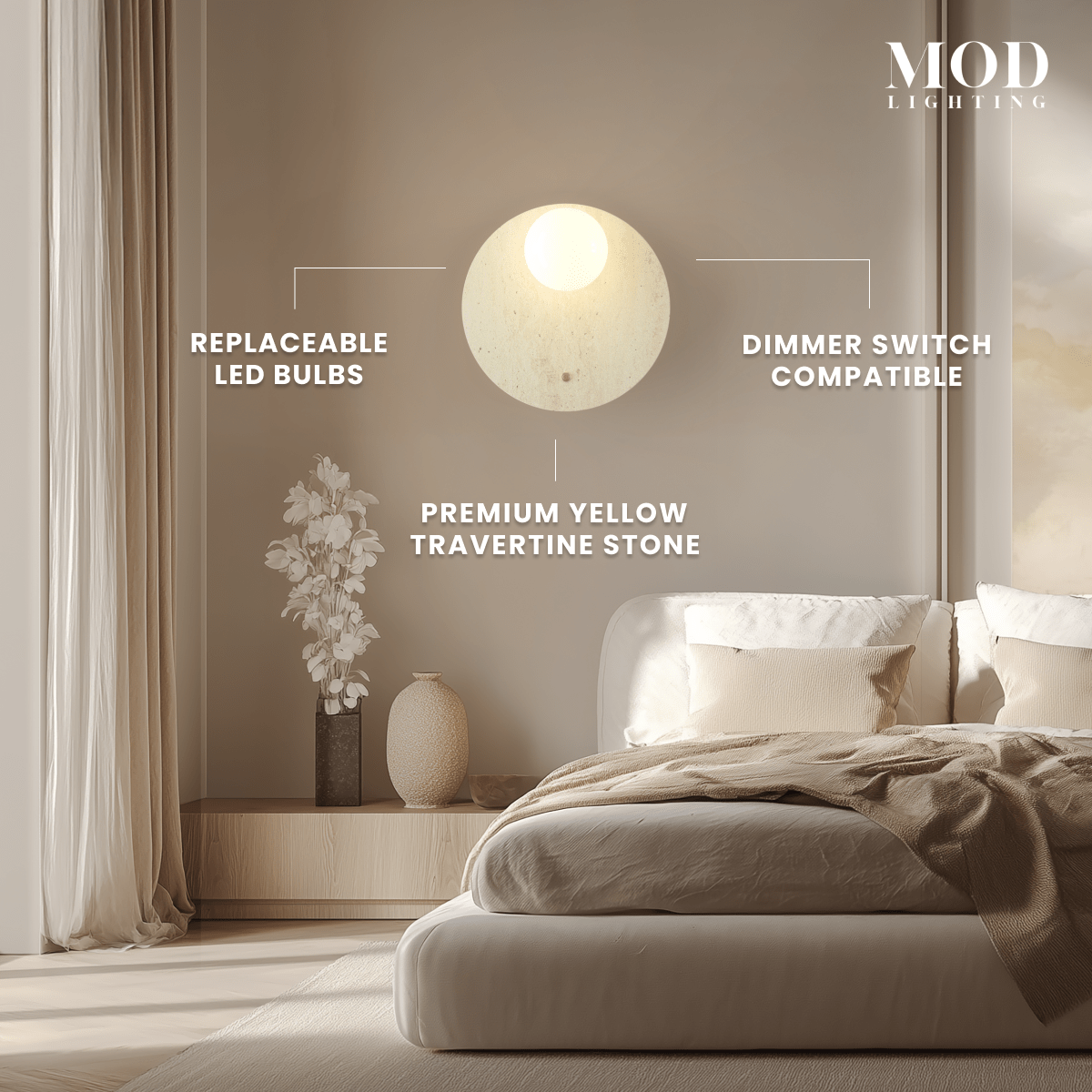 Arabella Sconce travertine stone wall light, stone disc with frosted glass orb above a nightstand, with feature callouts