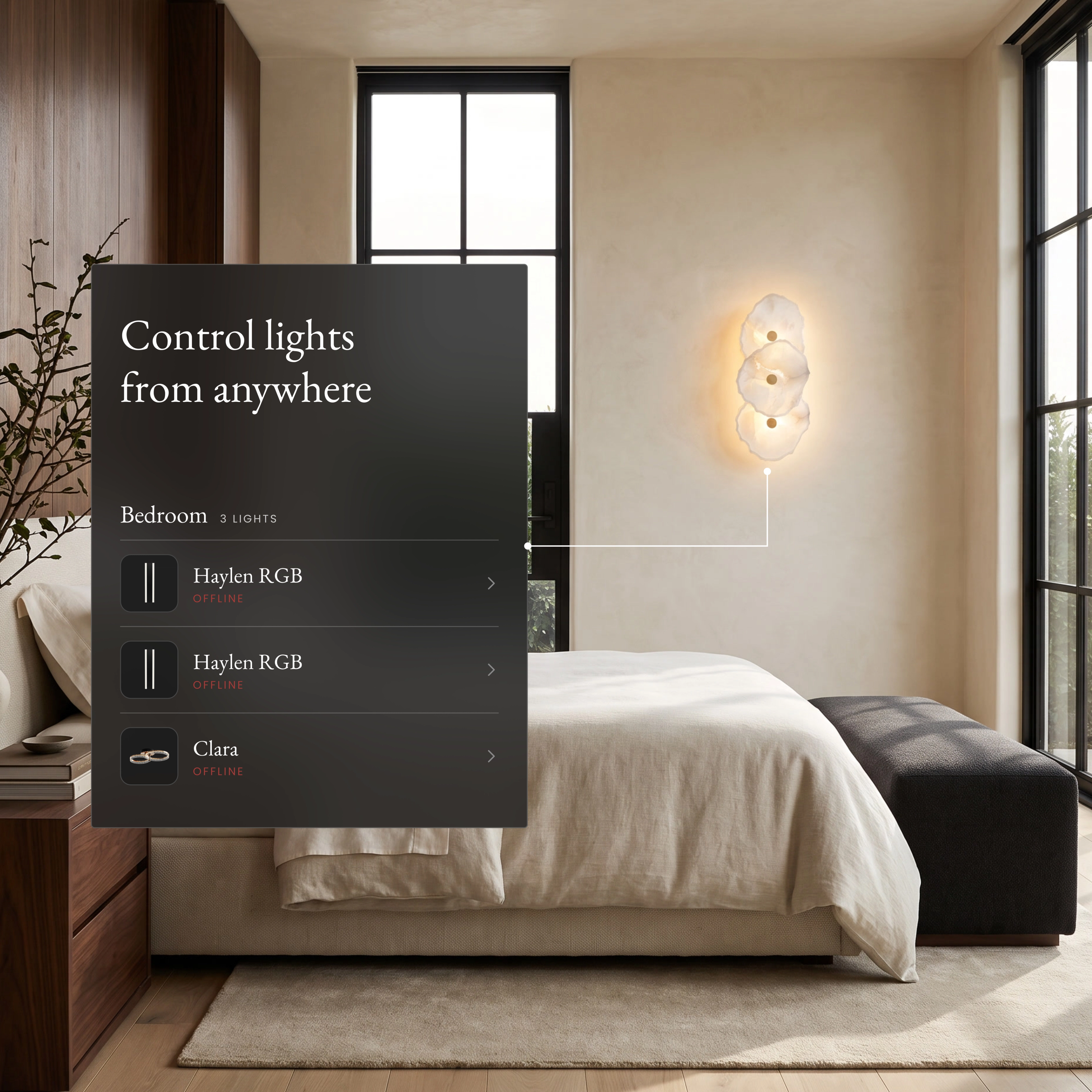 Alba Sconce Smart alabaster wall sconce in a bedroom beside an app panel controlling lights from anywhere