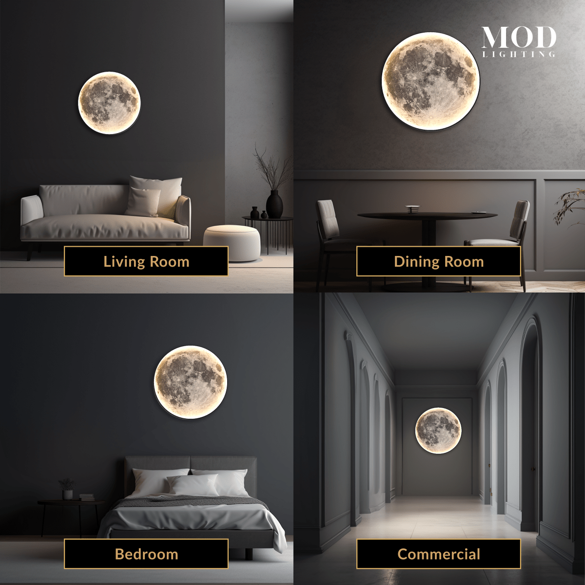 Luna wall lamp, round moon-surface disc glowing warm white, mounted above a sofa, bed and hallway