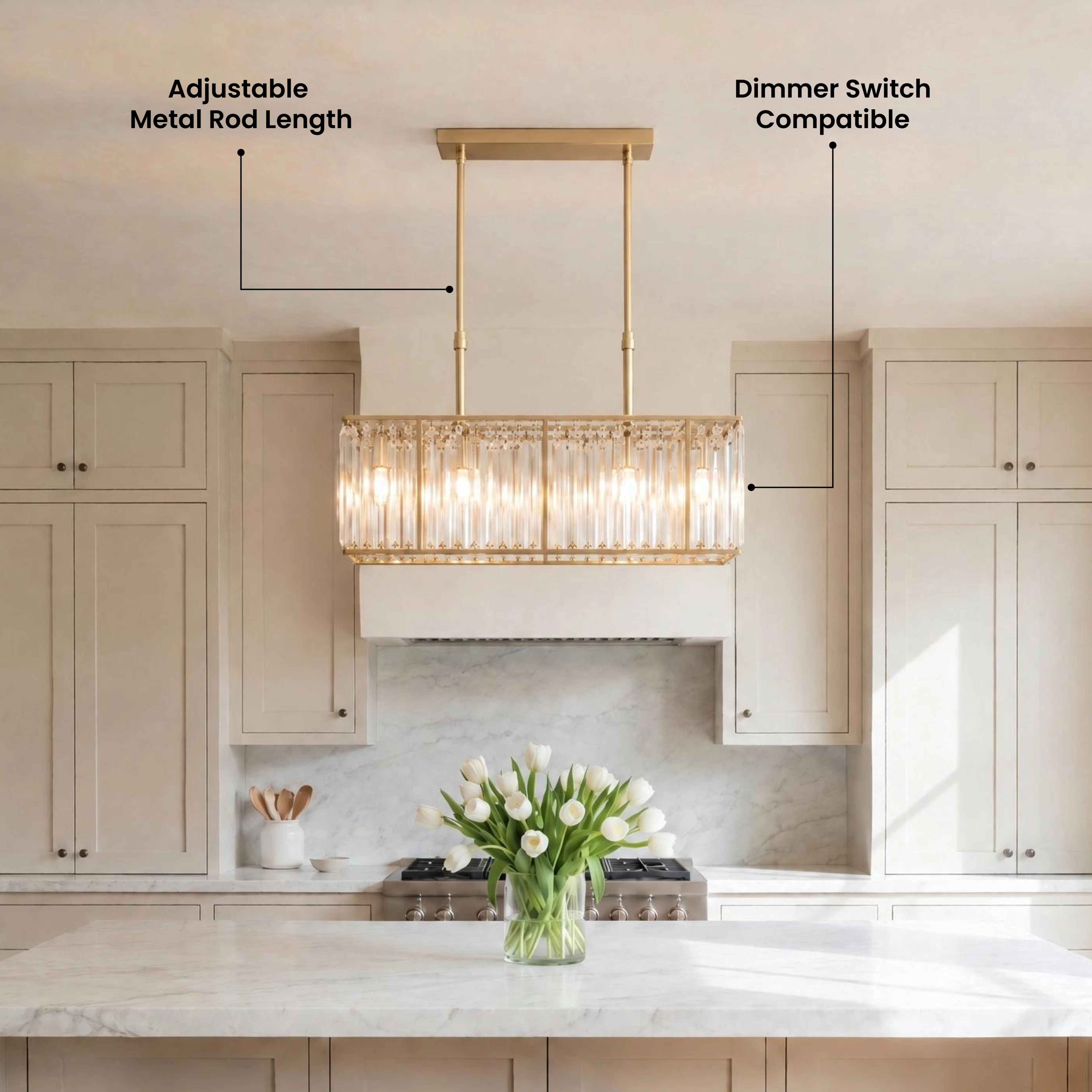 Gabriella gold rectangular crystal-bar chandelier over a dining table beside a customer review card