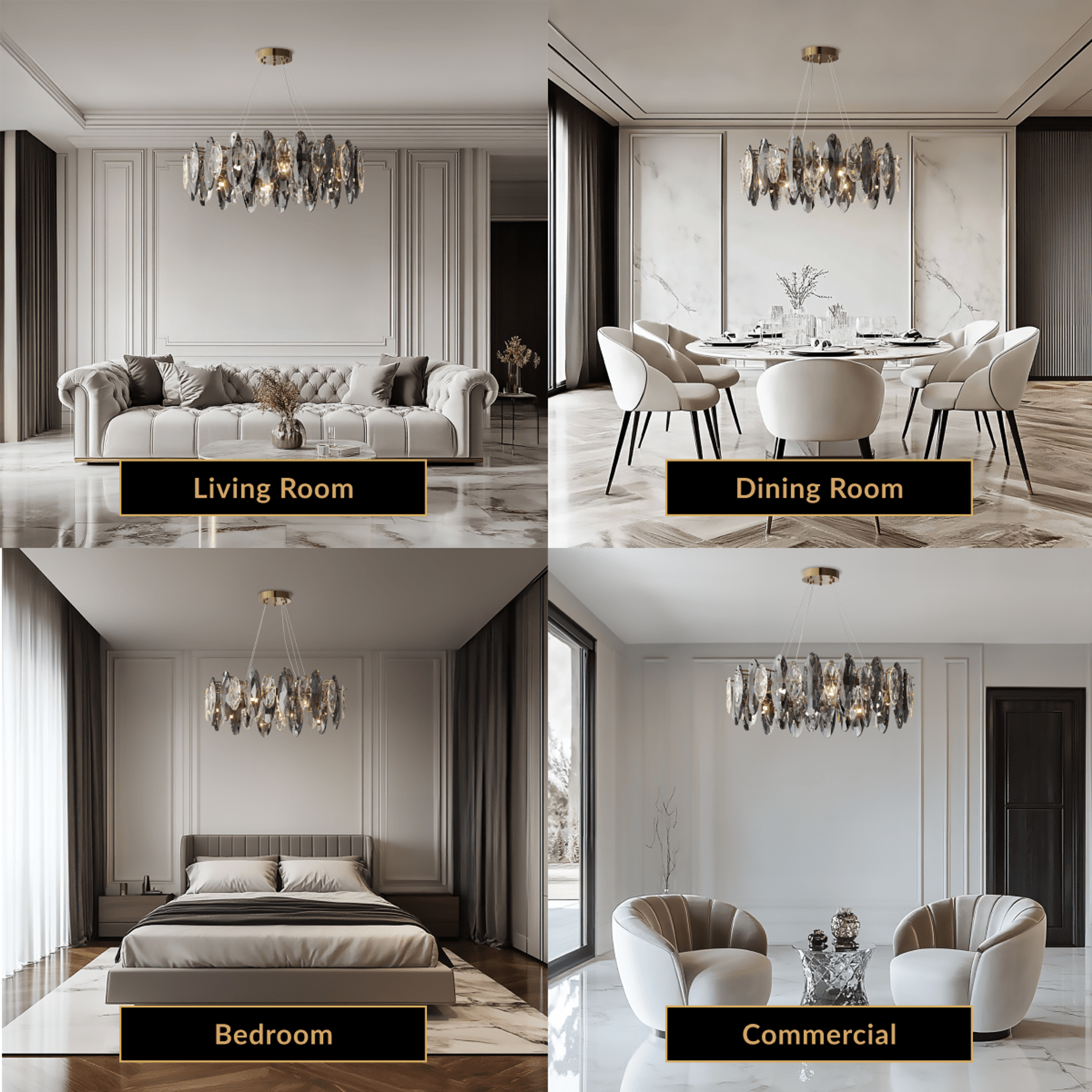 Celestial crystal chandelier shown in living room, dining room, bedroom and commercial room settings