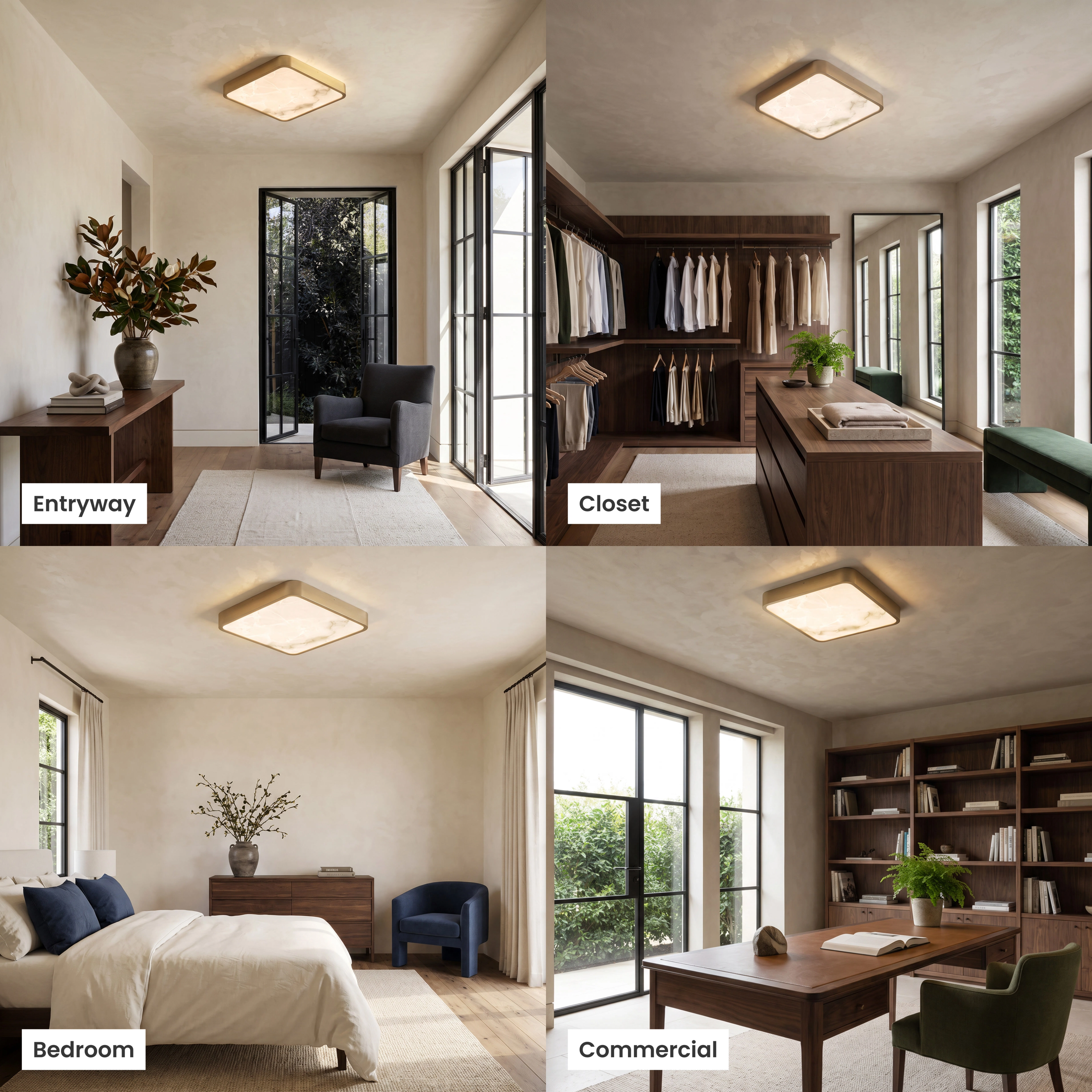 Selene Smart square alabaster ceiling light shown in an entryway, closet, bedroom and office