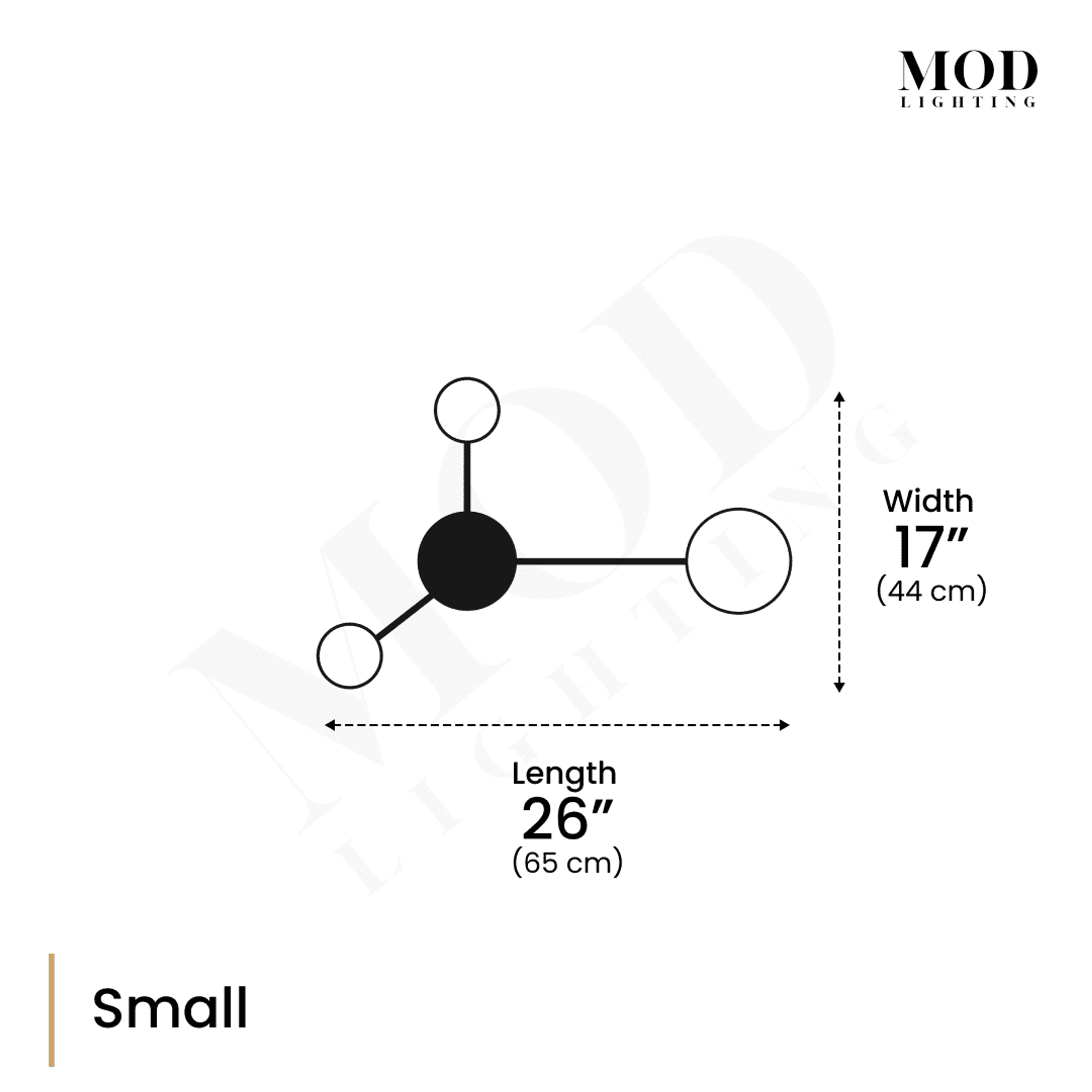 Link small wall light dimension diagram: 26 in (65 cm) long, 17 in (44 cm) wide