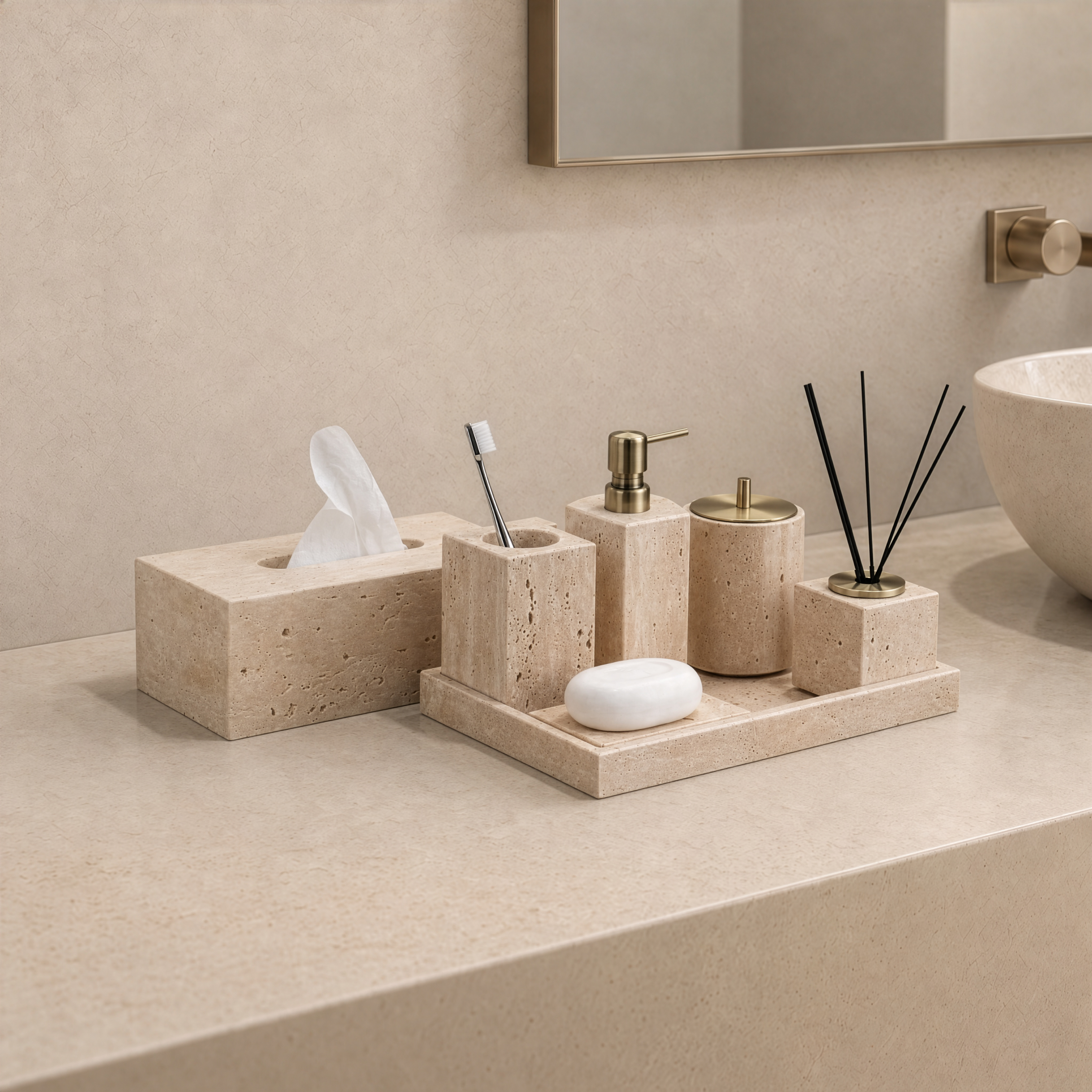 Golden Travertine Stone Bath Set