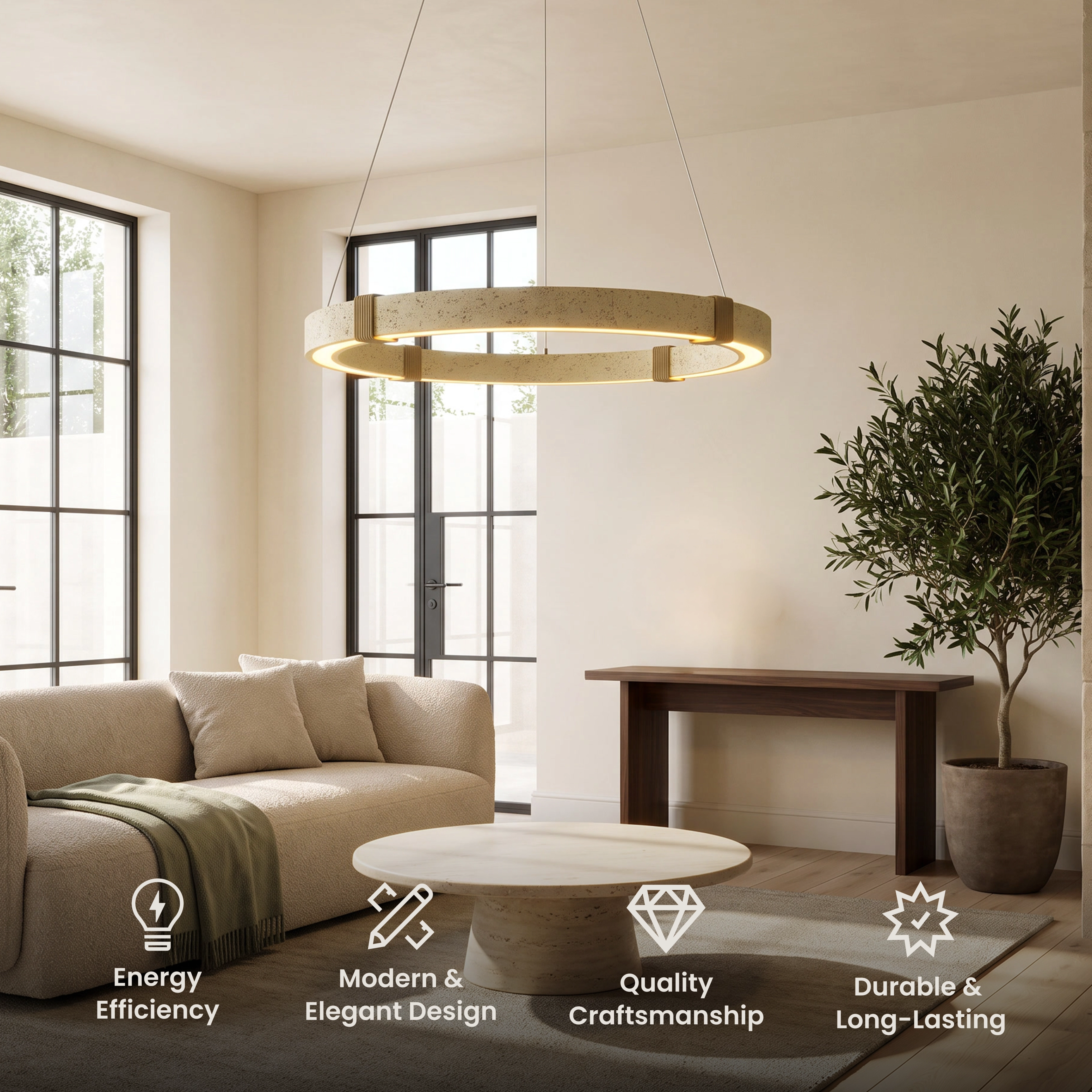 Arabella chandelier, thin illuminated brass ring pendant suspended over a dining area