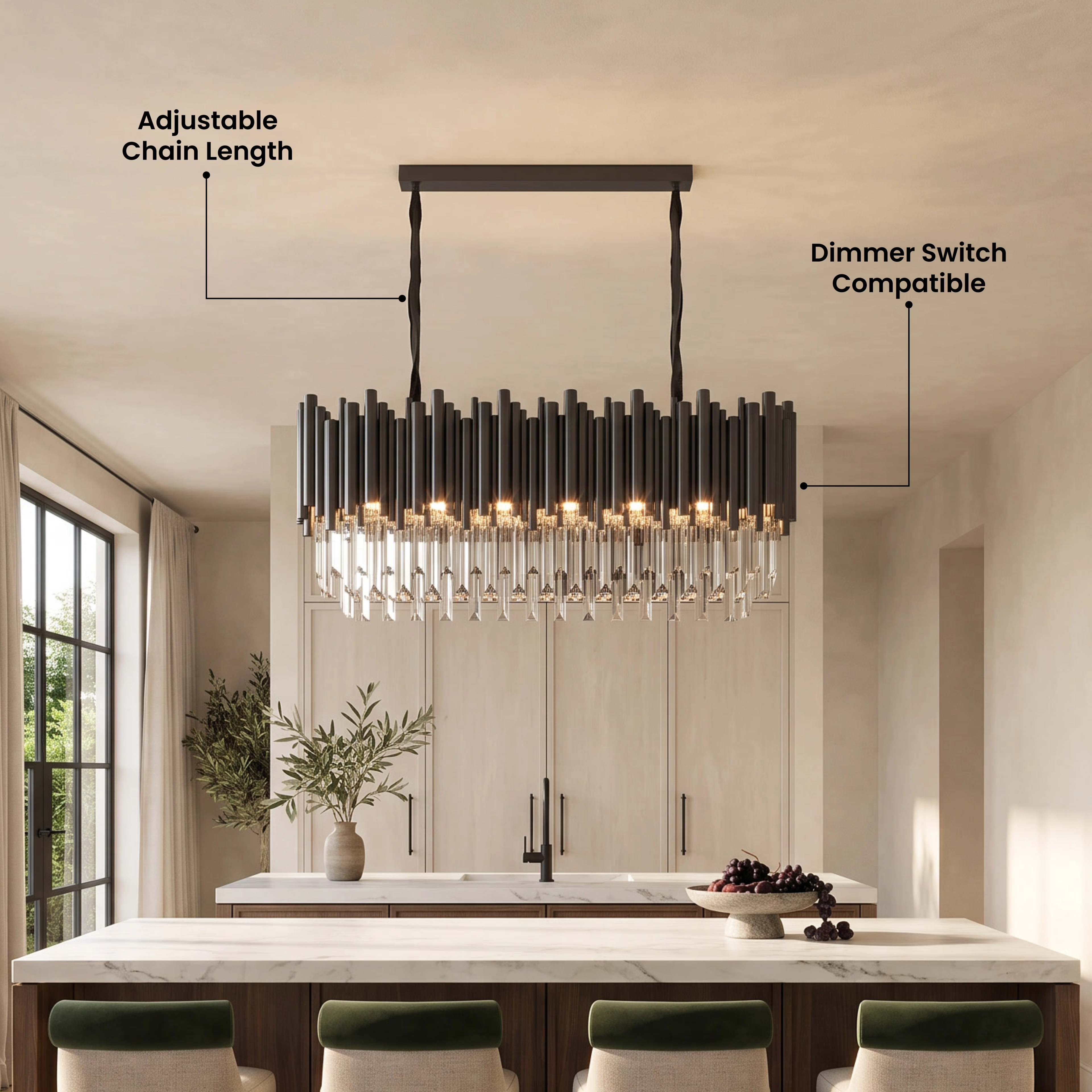 Obsidian Pendant black linear crystal chandelier over a dark desk, with a five-star customer review