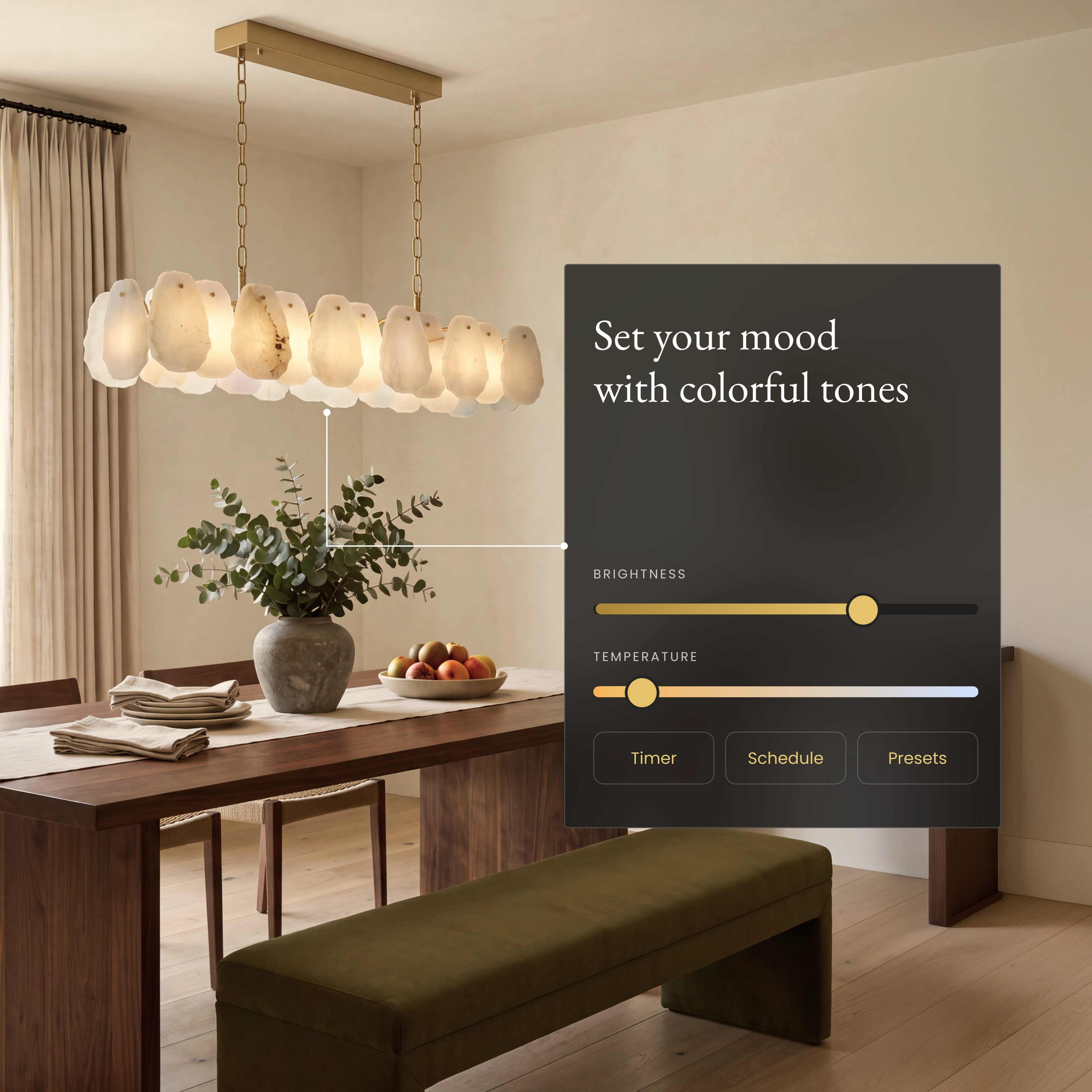 Alba Pendant Smart linear alabaster pendant over a dining table beside an app panel for brightness and color temperature