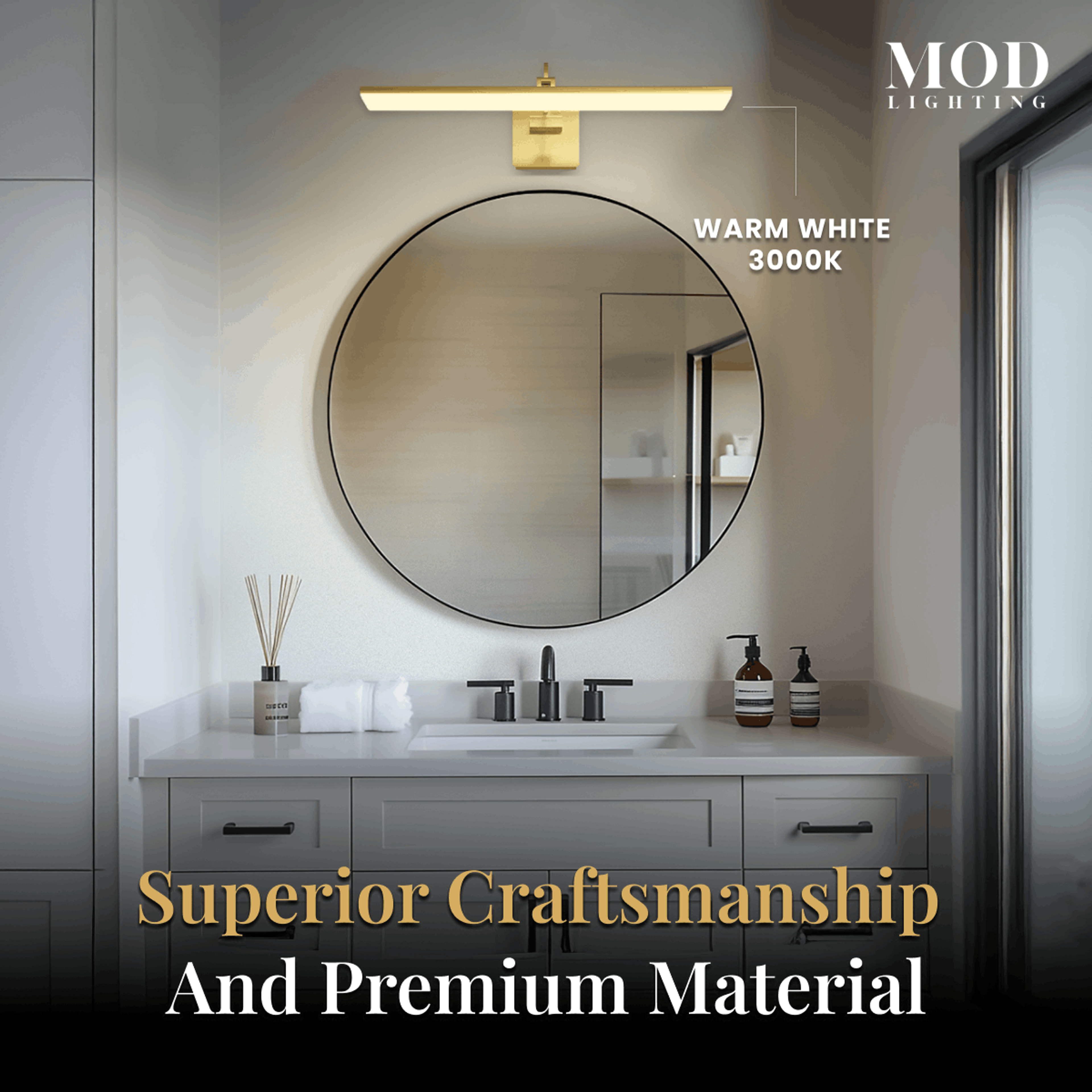 Zena slim brushed-gold horizontal bar light over a round mirror and vanity, warm white 3000K