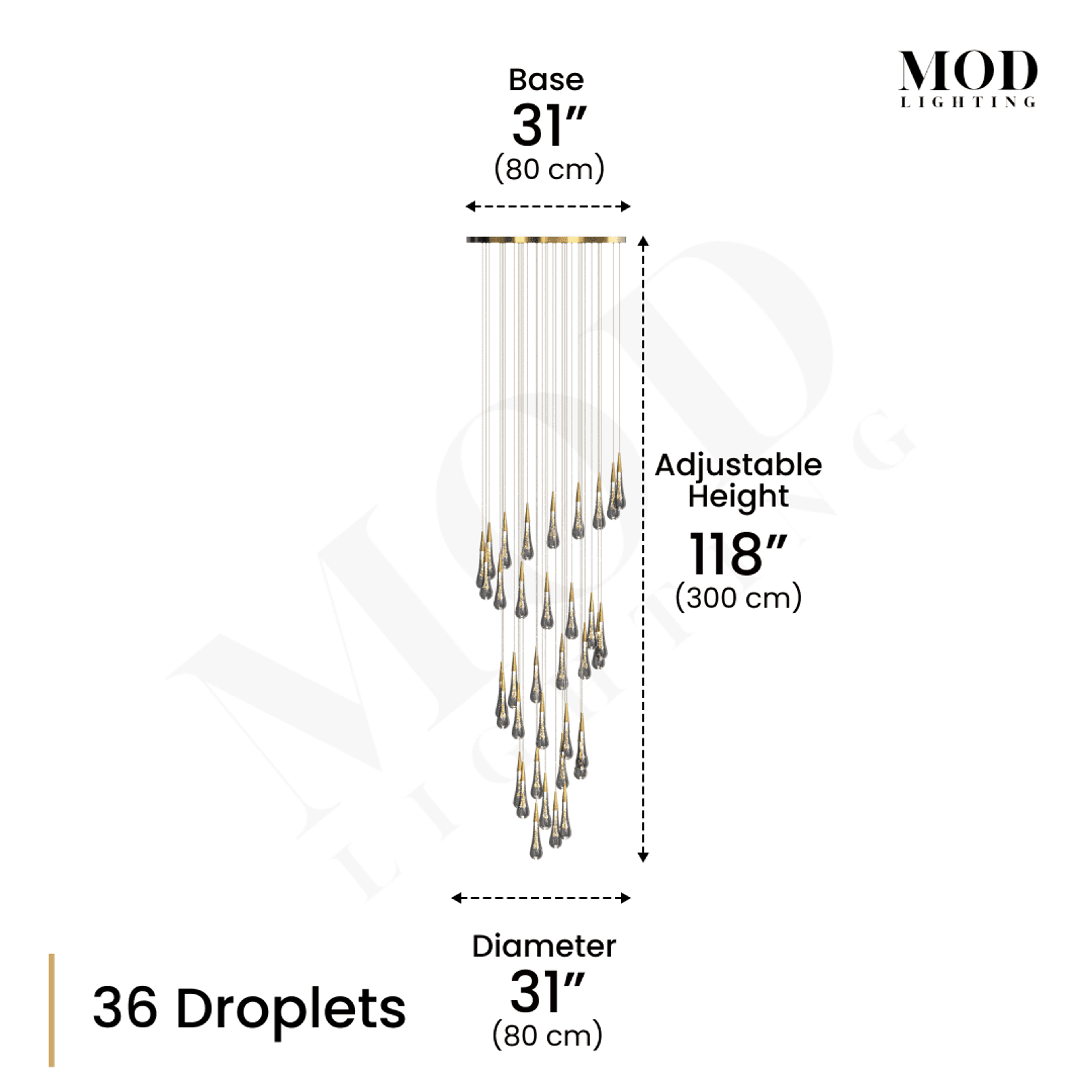 Indra dimension diagram, 36 spiral crystal droplets, 31" base and diameter, 118" adjustable height