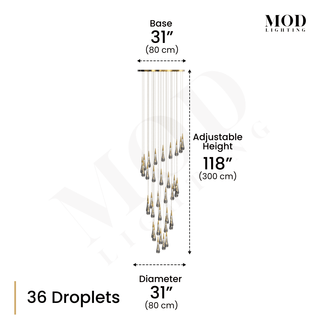 Indra dimension diagram, 36 spiral crystal droplets, 31" base and diameter, 118" adjustable height