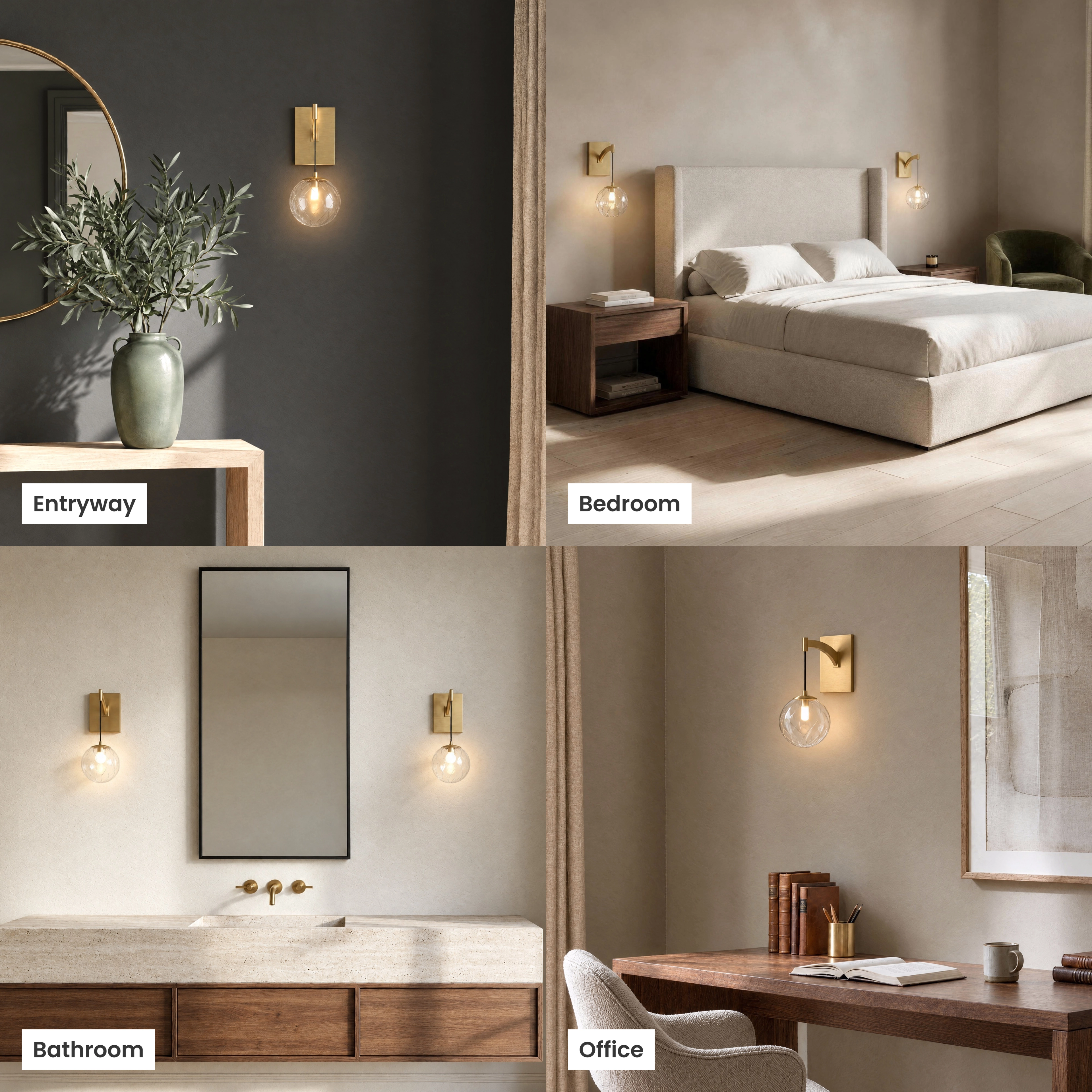 Mirella Sconce, brushed-gold arm with clear glass globe, shown in living room, hallway, bedroom and commercial settings