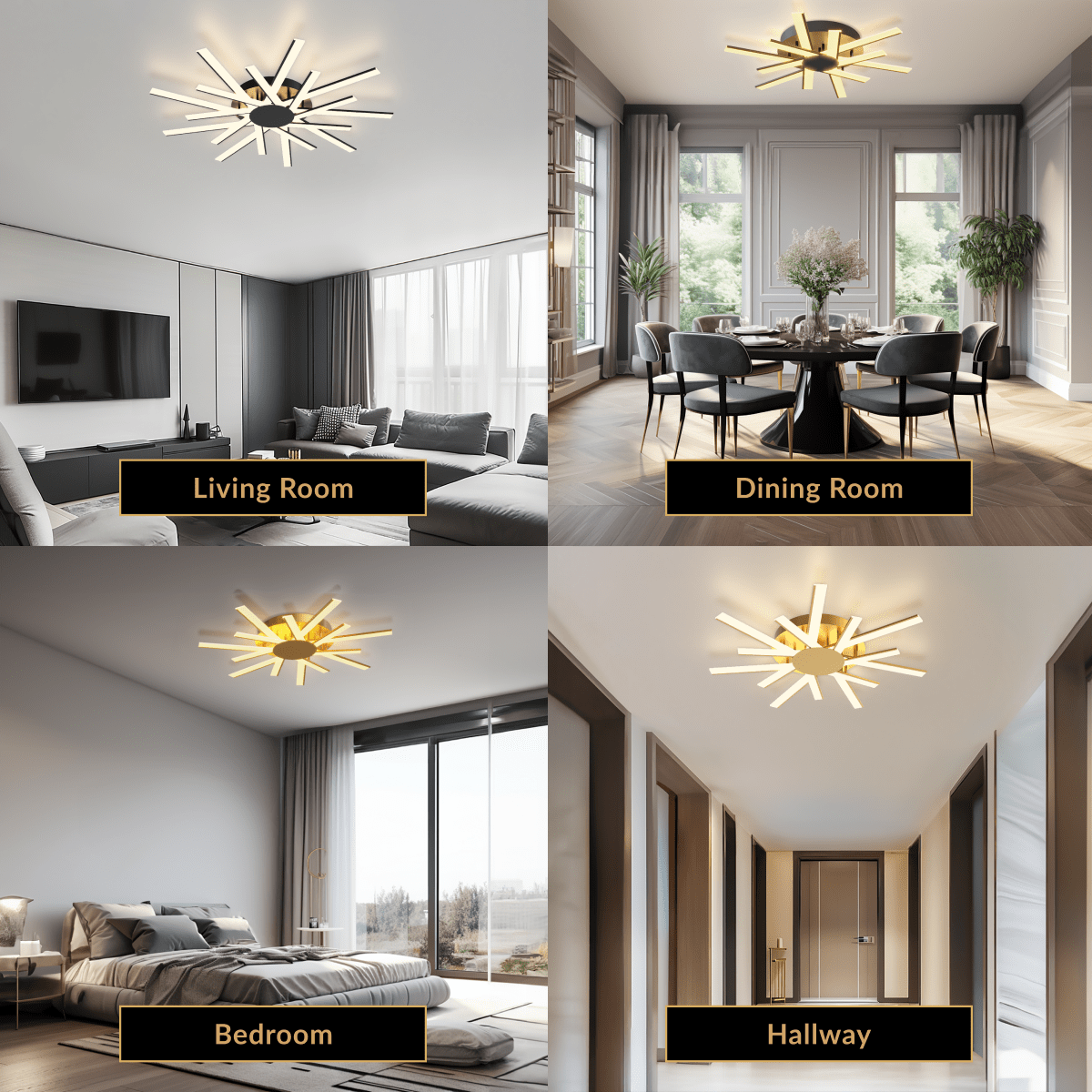 Sparkle ceiling light shown in living room, dining room, bedroom and hallway settings