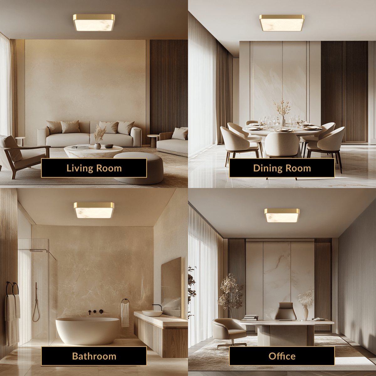 Selene gold square alabaster flush-mount ceiling light shown in living room, dining room, bathroom and office
