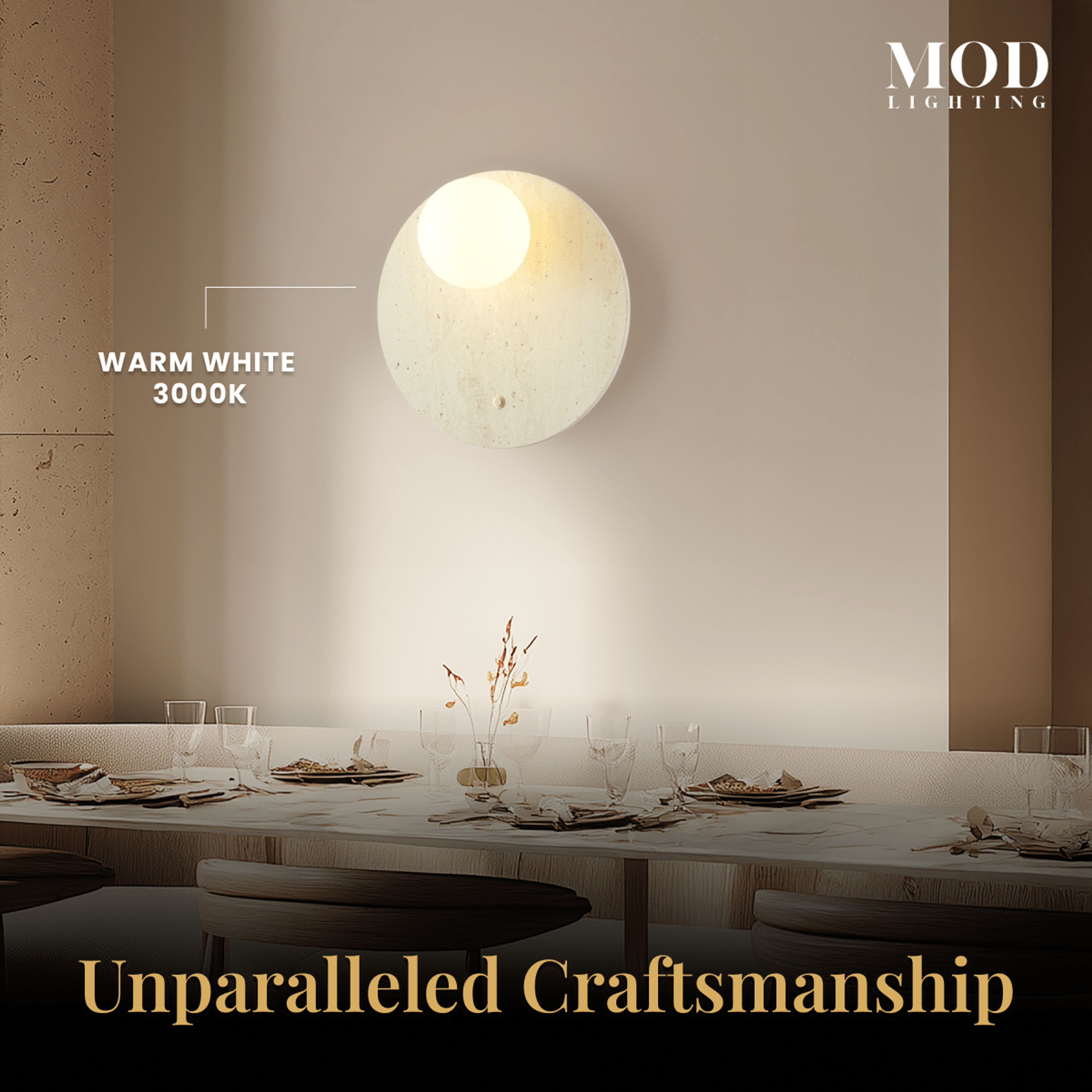 Arabella Sconce travertine stone wall light, disc with glowing orb over a dining table, warm white 3000K, craftsmanship shot