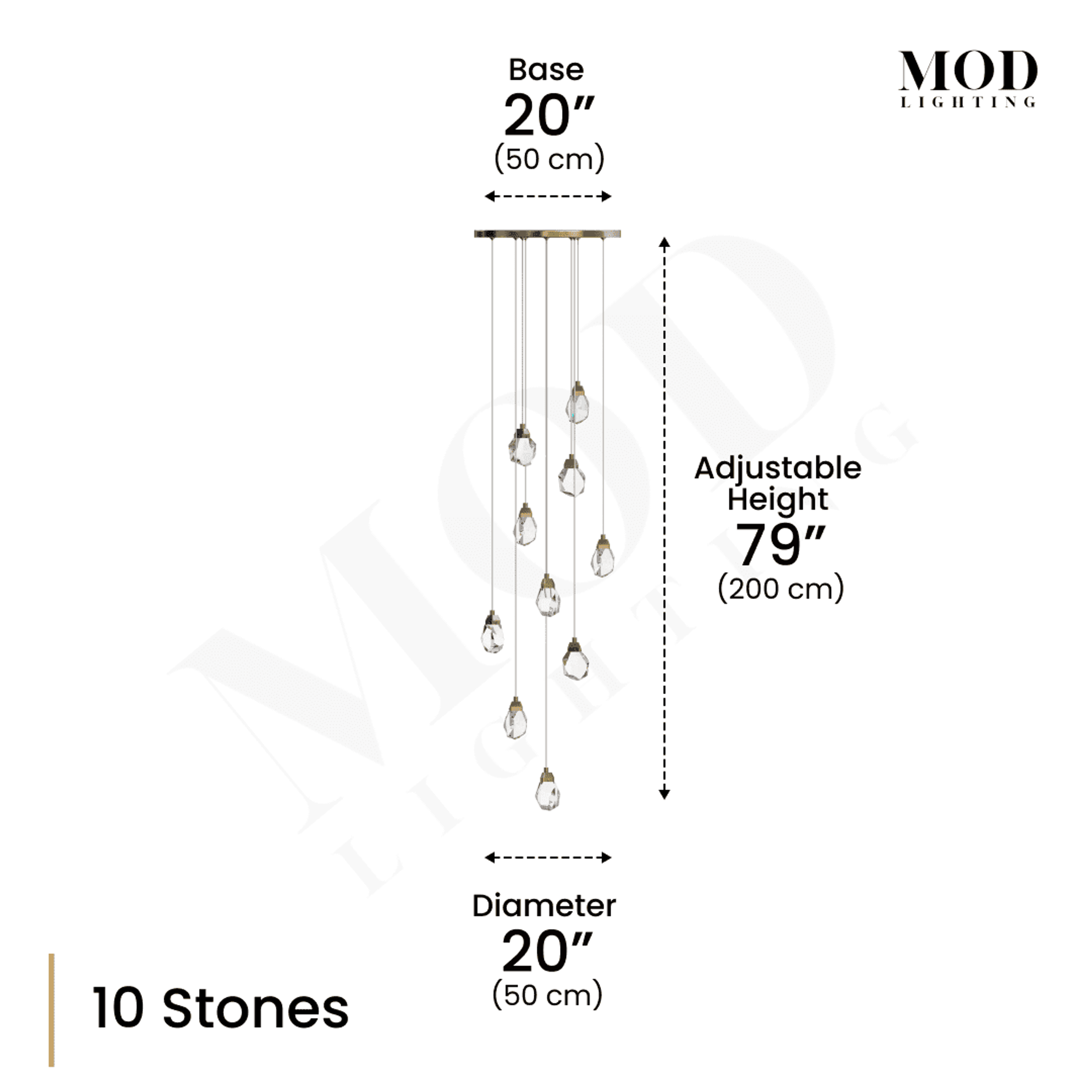 Hailstone dimension diagram, 10 faceted crystal stones, 20" base and diameter, 79" adjustable height