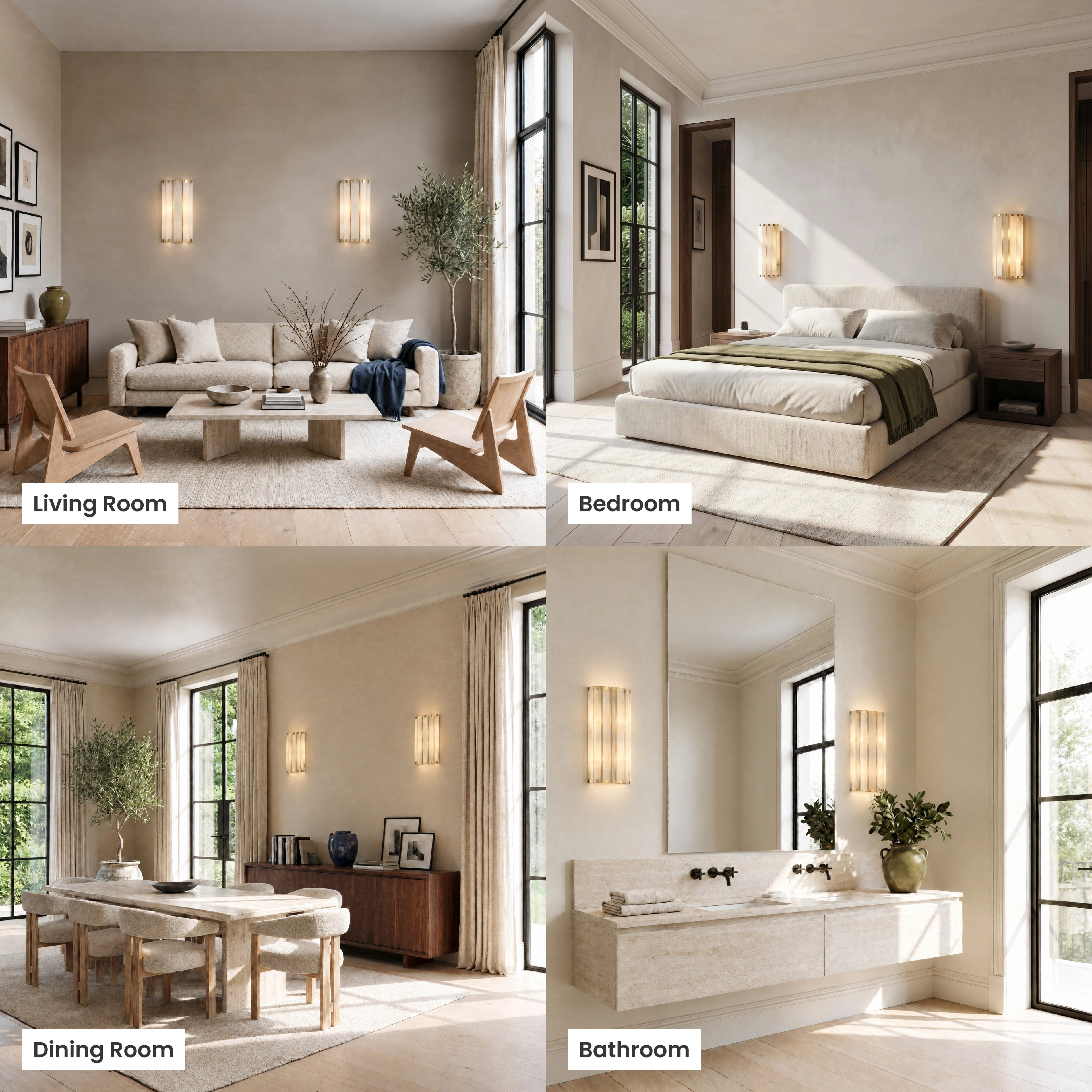 Nala, alabaster bar wall sconce with gold trim, shown in a living room, dining room, bathroom and commercial space