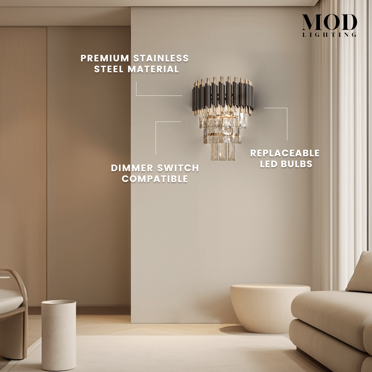 Onyx black and gold crystal wall sconce on a wall, labeled stainless steel, dimmable, replaceable LED bulbs