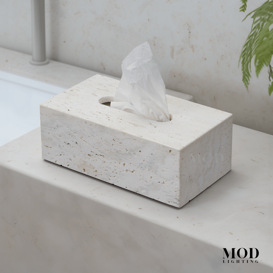 Alabaster Travertine Stone Tissue Box, cream rectangular stone holder on a counter