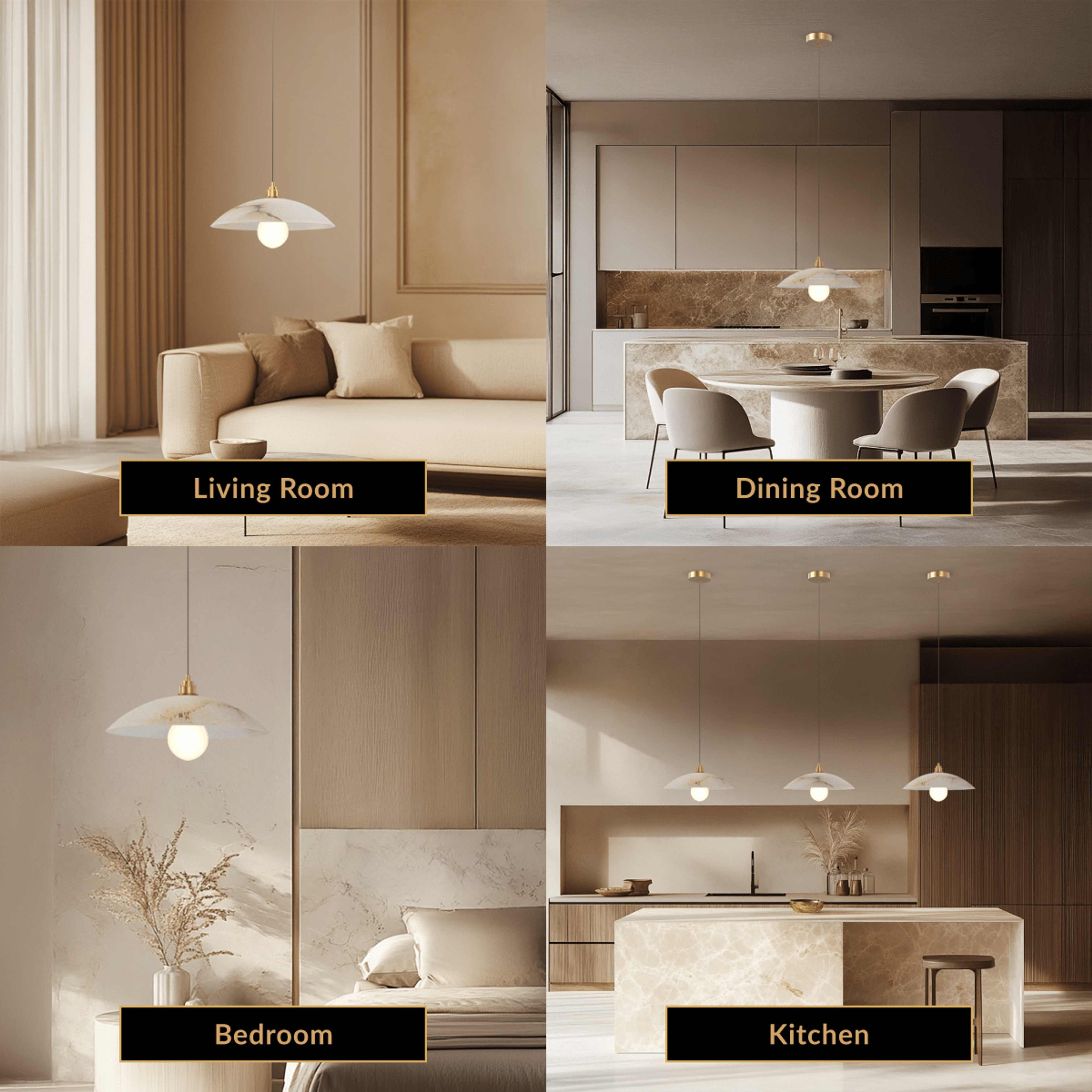 Zira, alabaster dome pendant on a slim gold cord, shown over a sofa, dining table, bedroom and kitchen