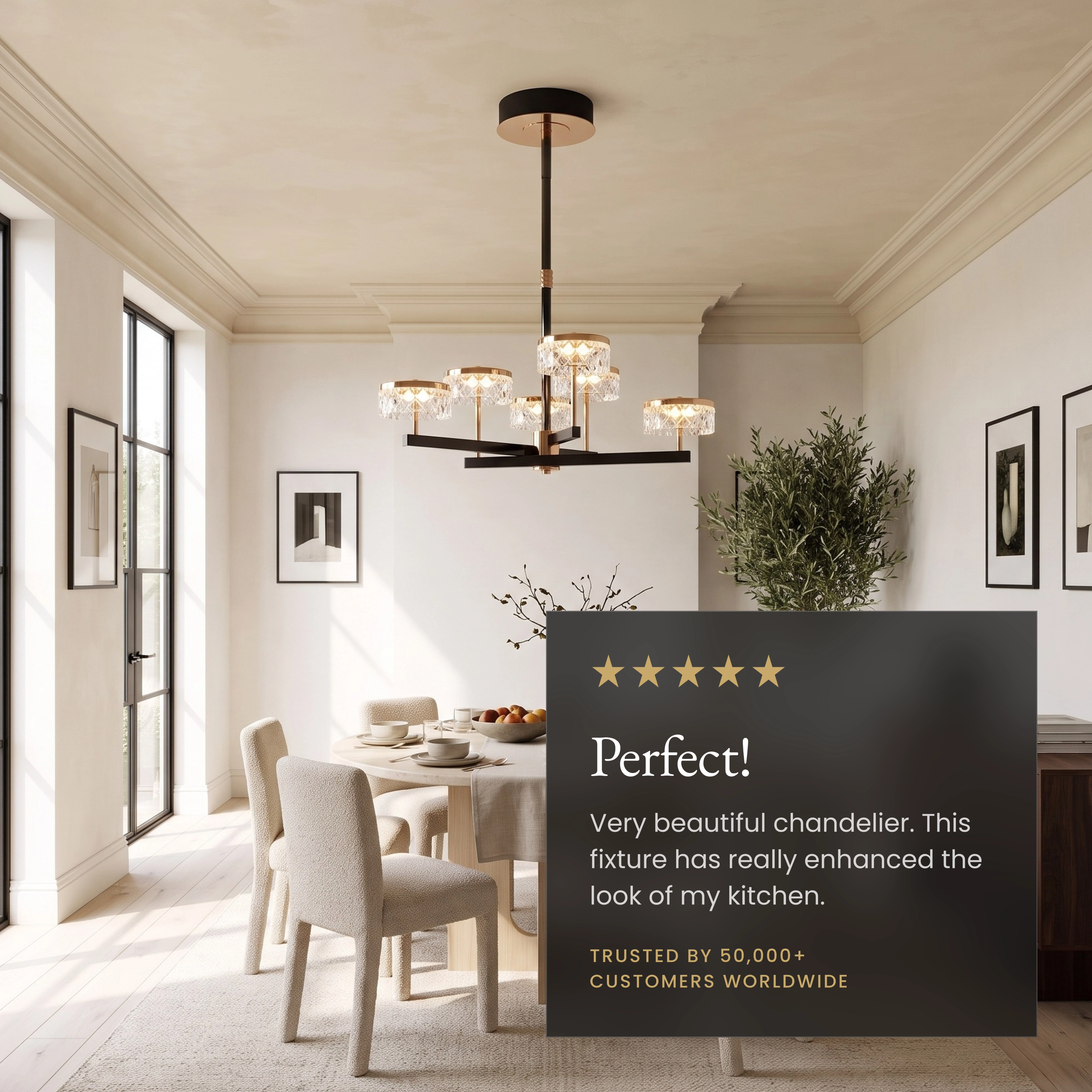 Emma Chandelier with crystal drum shades on gold arms over a bed, noting dimmer and LED strip