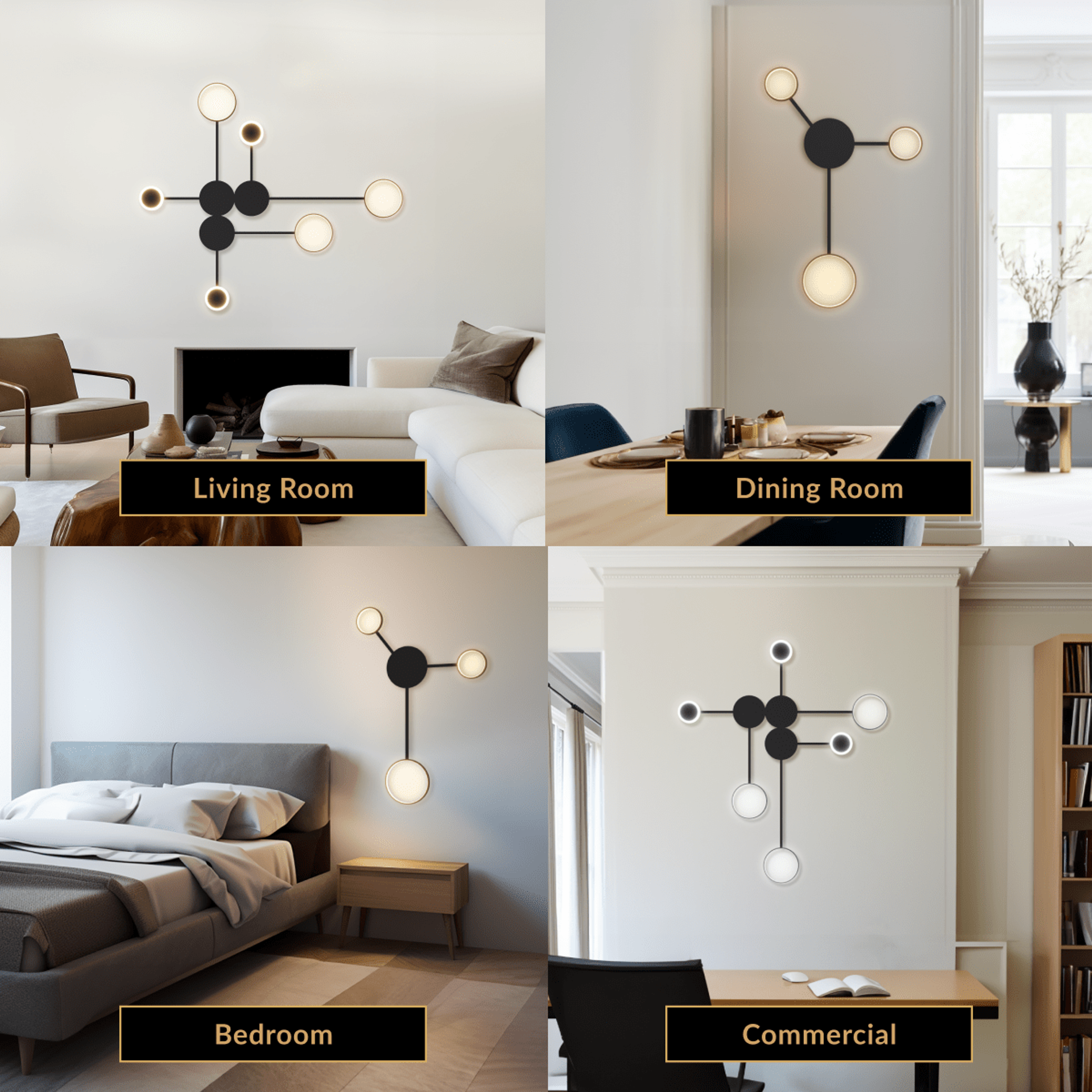 Link wall light, black branching arms tipped with white glass globes mounted beside a bed and sofa